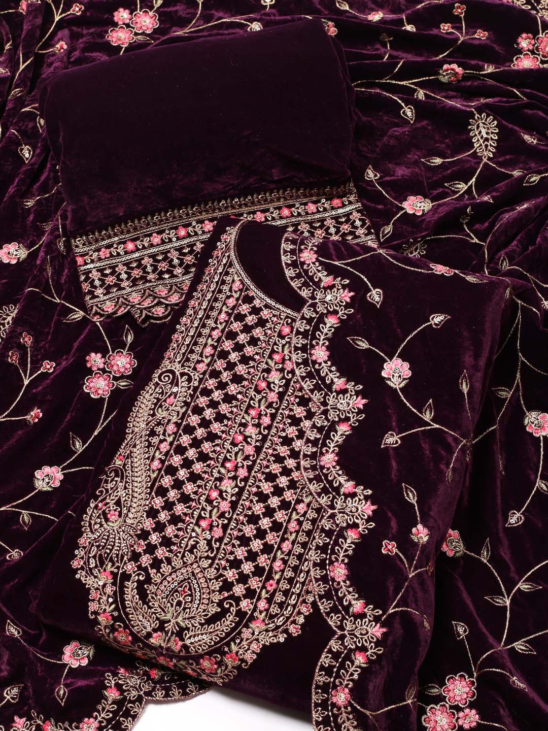 

Meena Bazaar Floral Embroidered Sequinned Velvet Unstitched Dress Material, Burgundy