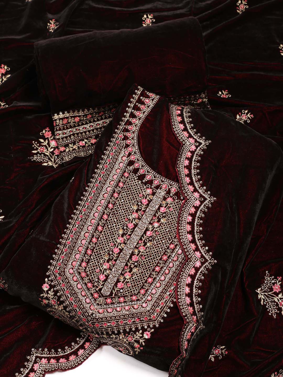 

Meena Bazaar Embroidered Velvet Unstitched Dress Material, Maroon