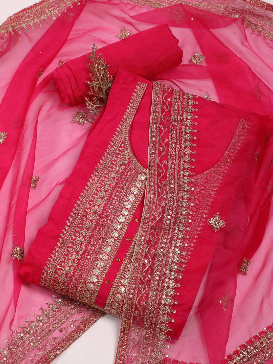 

Meena Bazaar Ethnic Motifs Embroidered Sequinned Art Silk Unstitched Dress Material, Pink