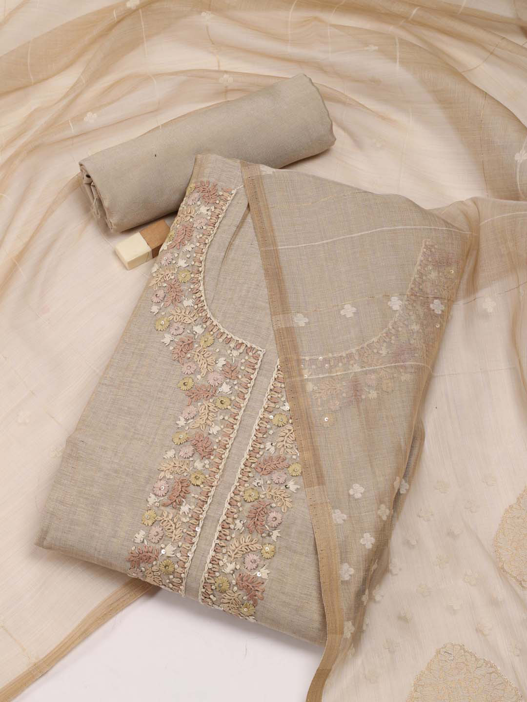 

Meena Bazaar Floral Embroidered Thread Work Detailed Unstitched Dress Material, Beige