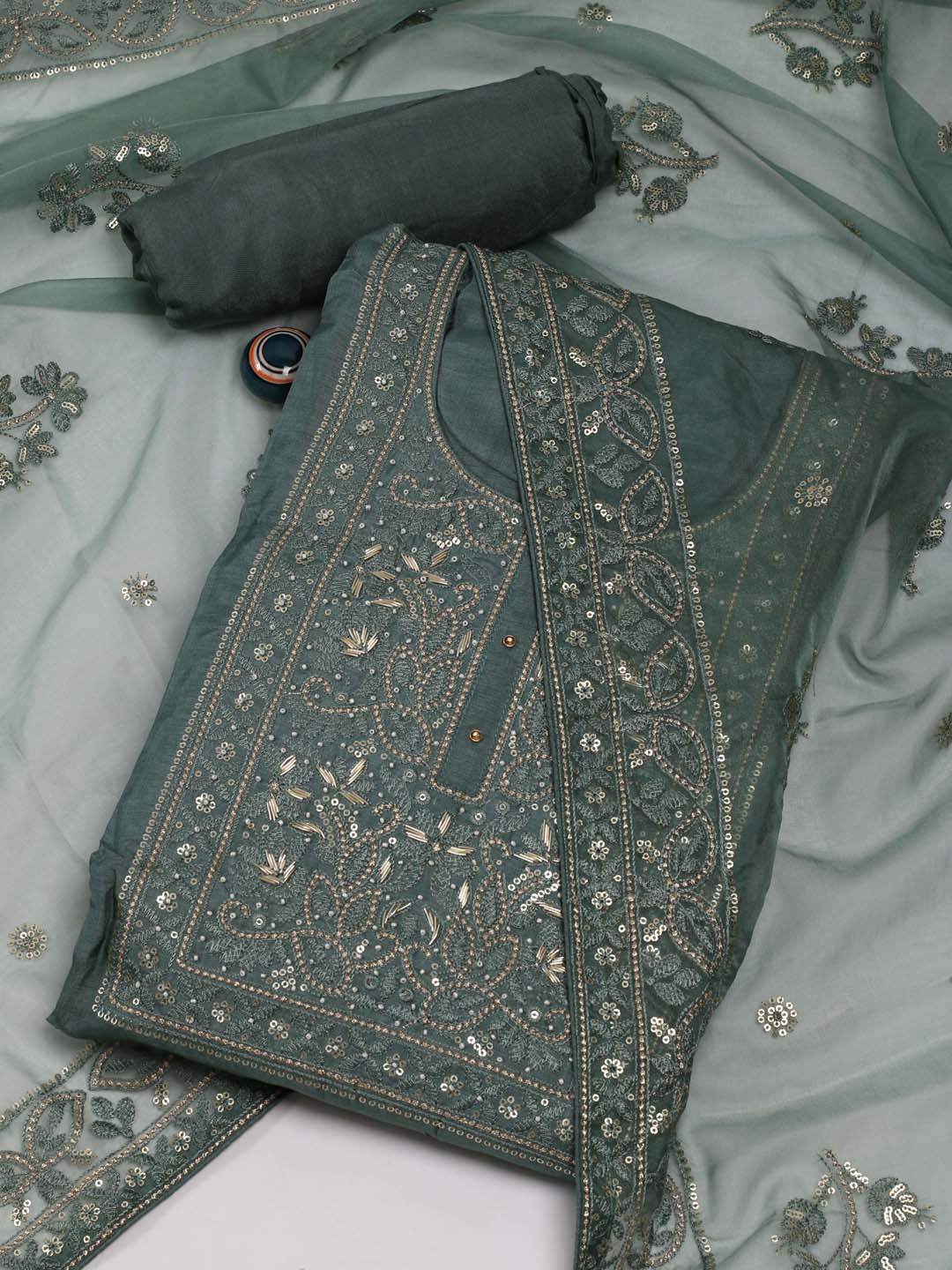 

Meena Bazaar Ethnic Motifs Embroidered Sequinned Art Silk Unstitched Dress Material, Green