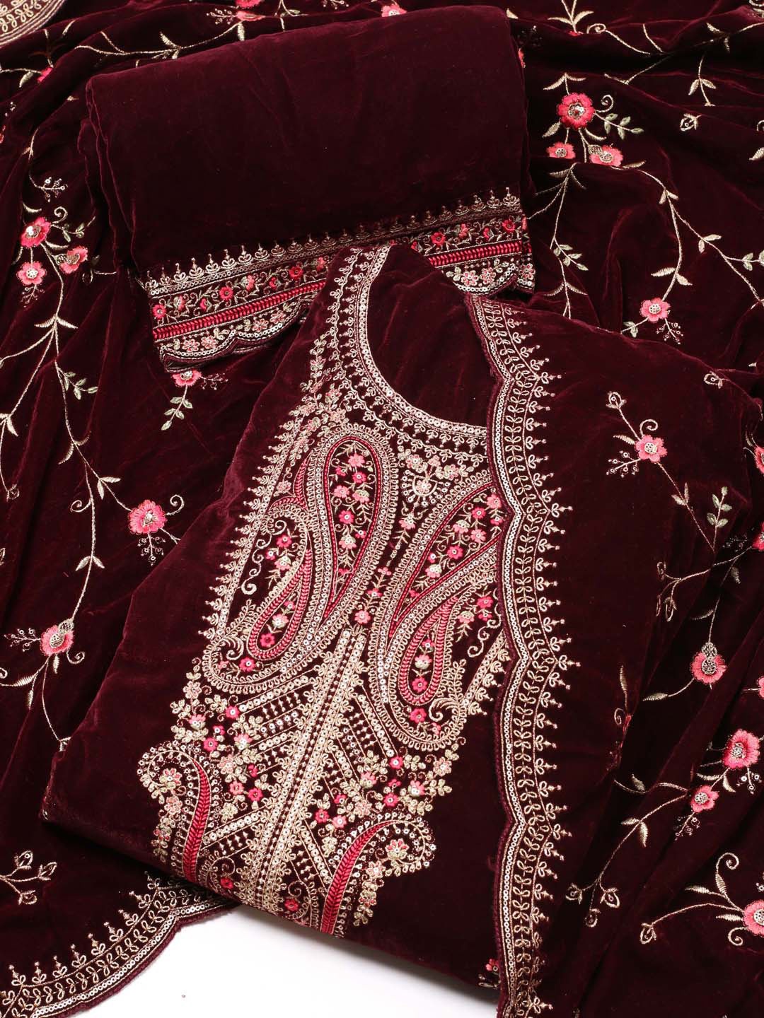 

Meena Bazaar Embroidered Velvet Unstitched Dress Material, Maroon