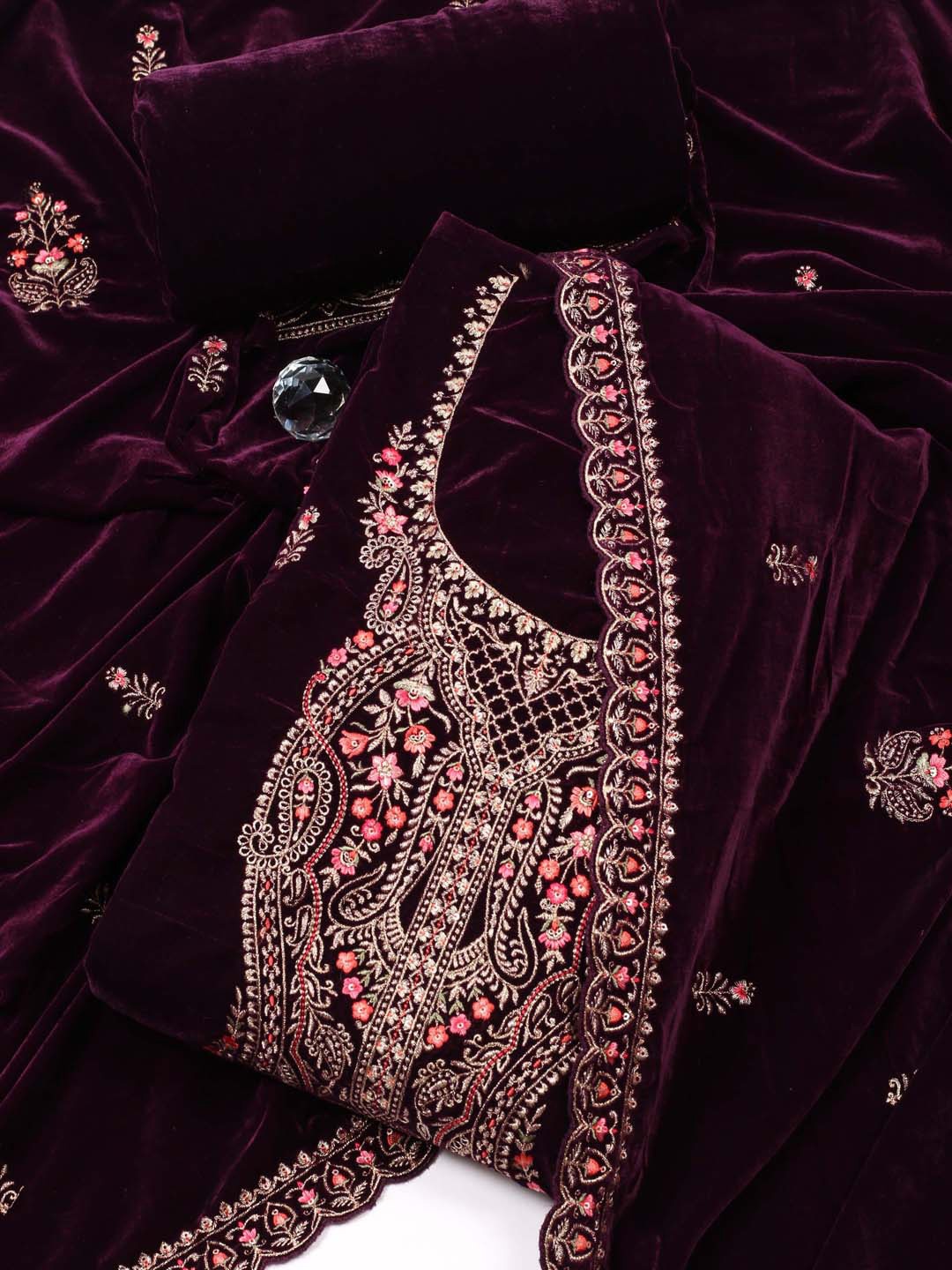 

Meena Bazaar Ethnic Motifs Embroidered Velvet Unstitched Dress Material, Burgundy