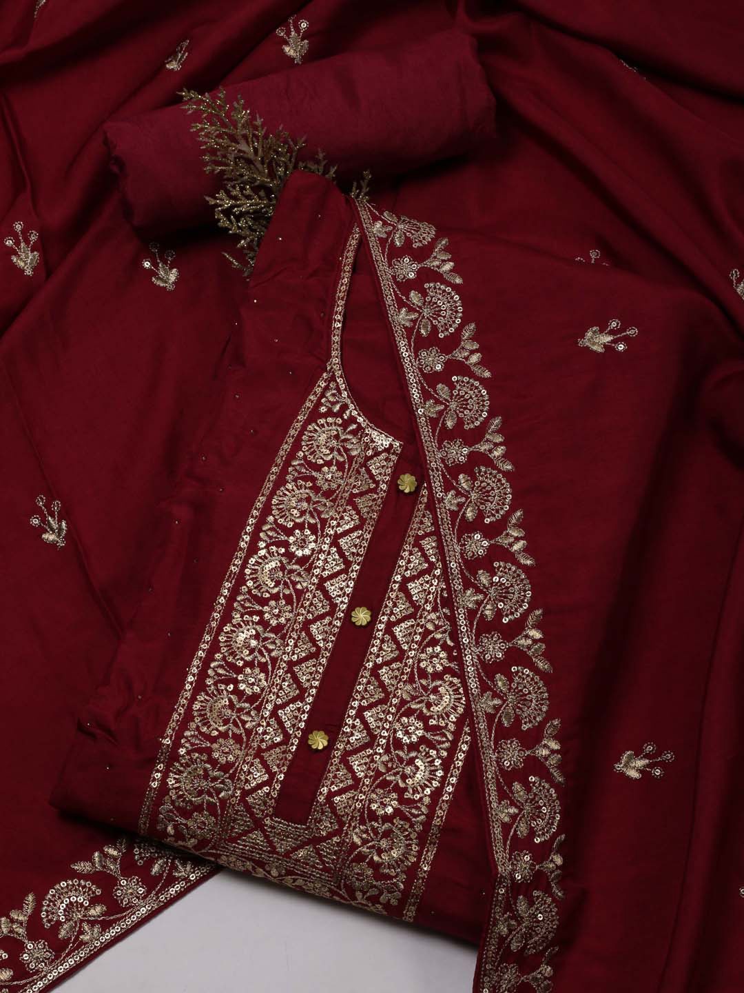 

Meena Bazaar Ethnic Motifs Embroidered Sequinned Art Silk Unstitched Dress Material, Burgundy