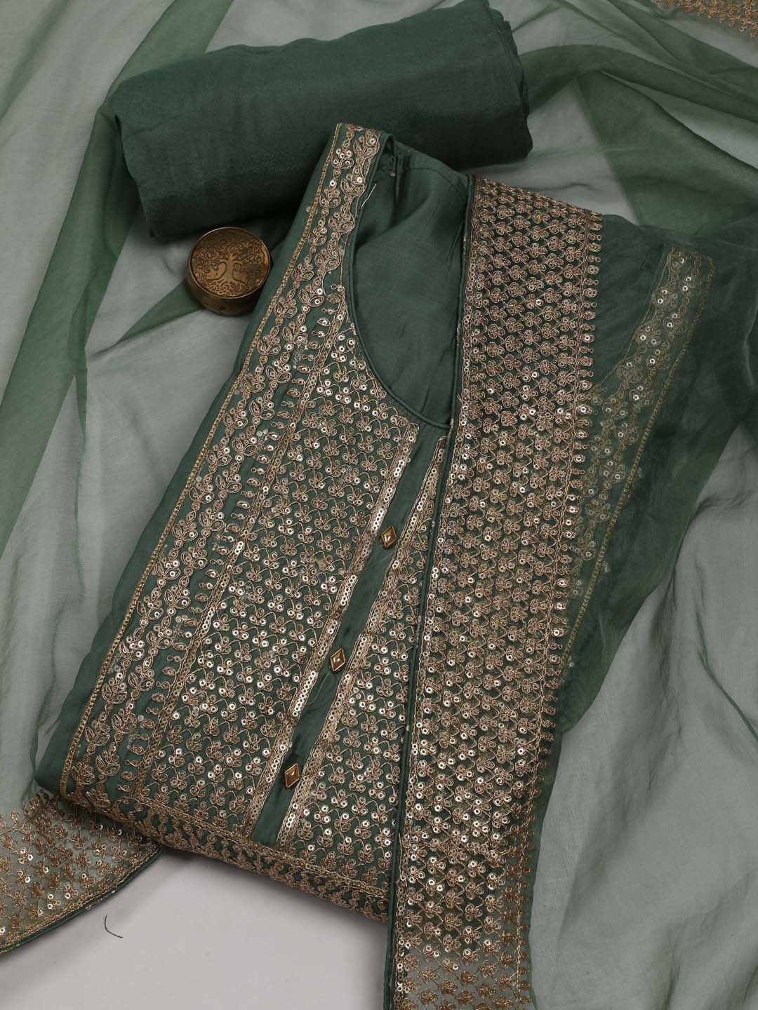 

Meena Bazaar Ethnic Motifs Embroidered Sequinned Detailed Unstitched Dress Material, Green