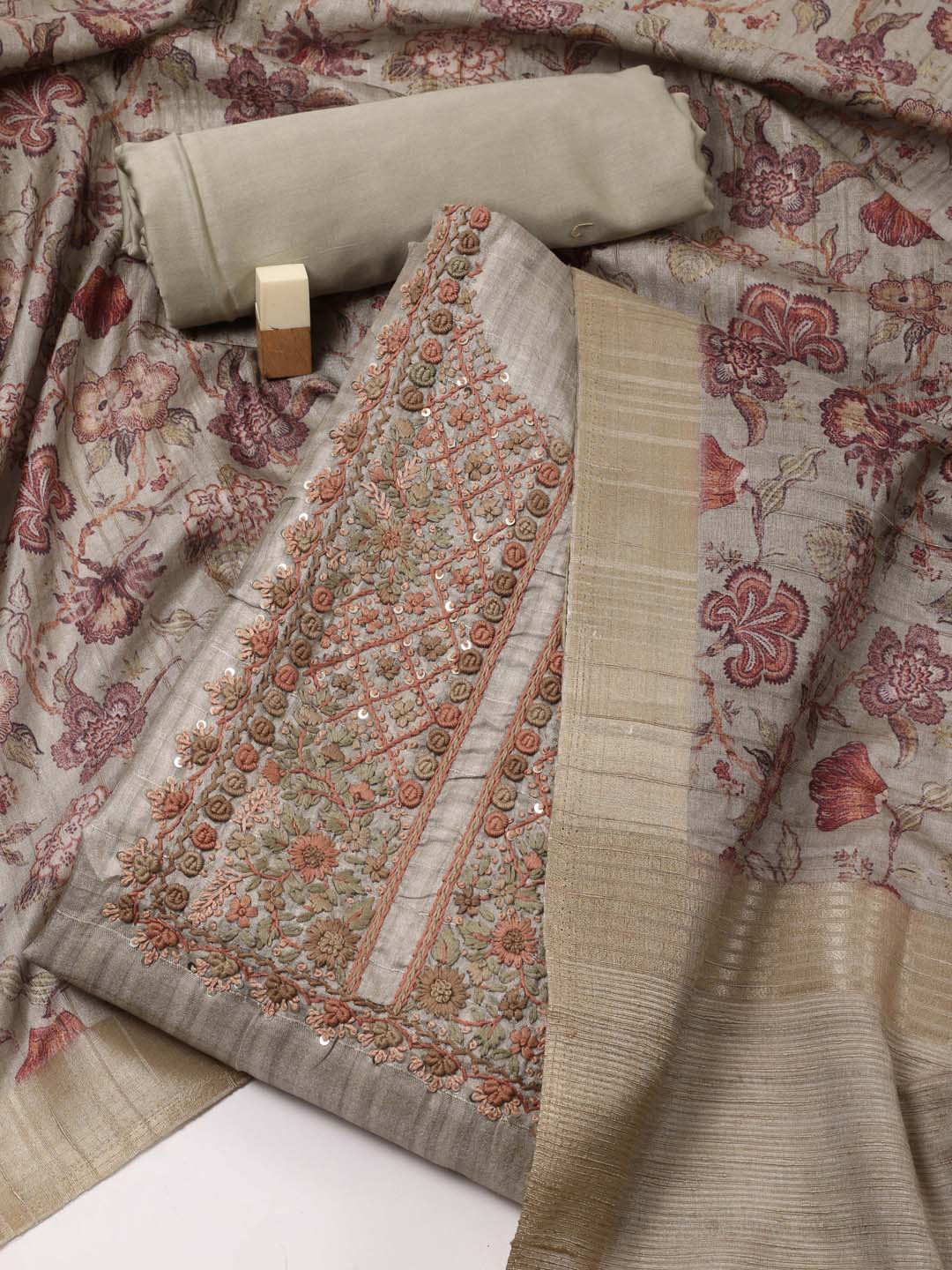 

Meena Bazaar Floral Embroidered Sequinned Tussar Silk Unstitched Dress Material, Beige