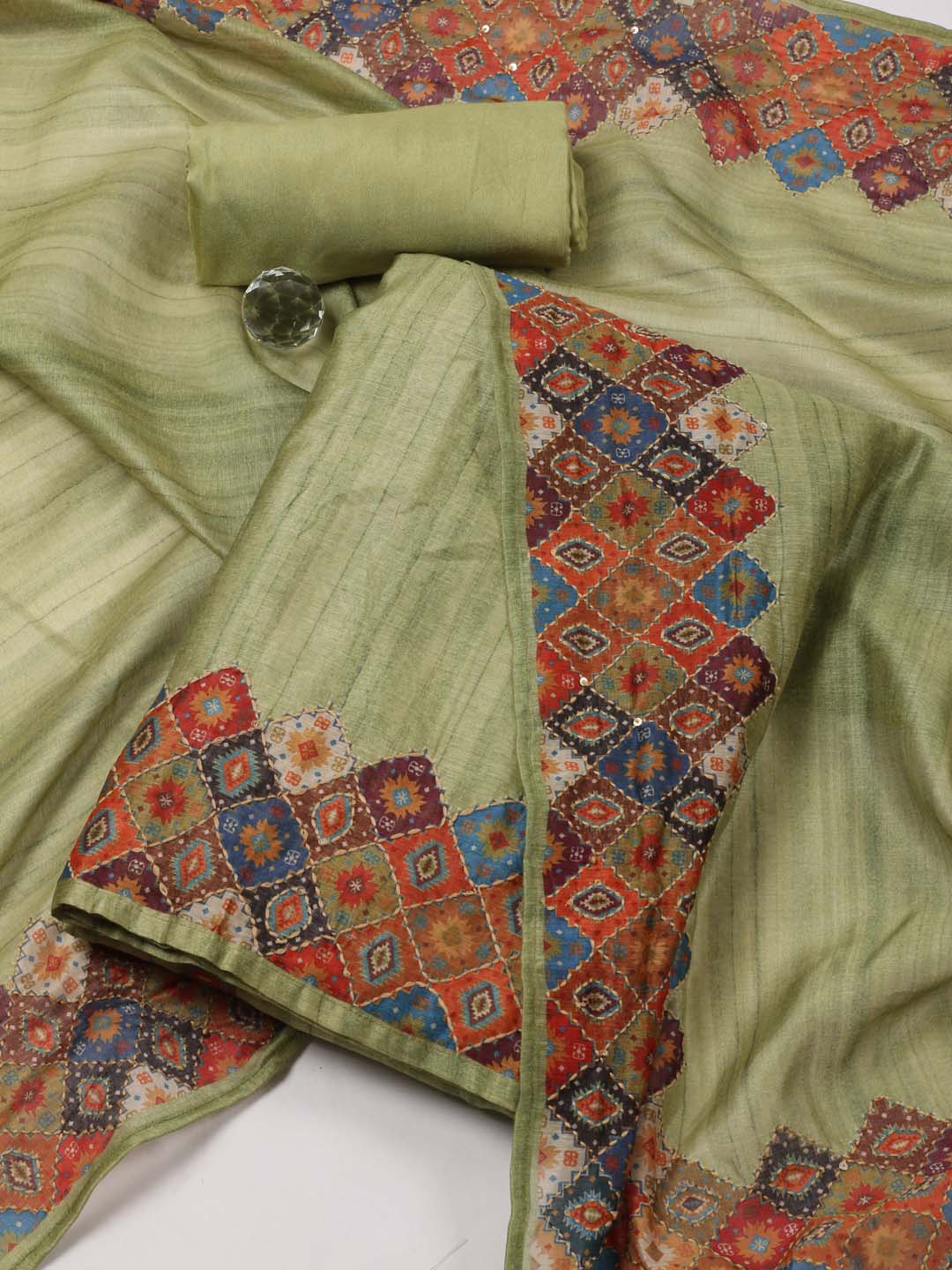 

Meena Bazaar Ethnic Motifs Printed Sequinned Art Silk Unstitched Dress Material, Green