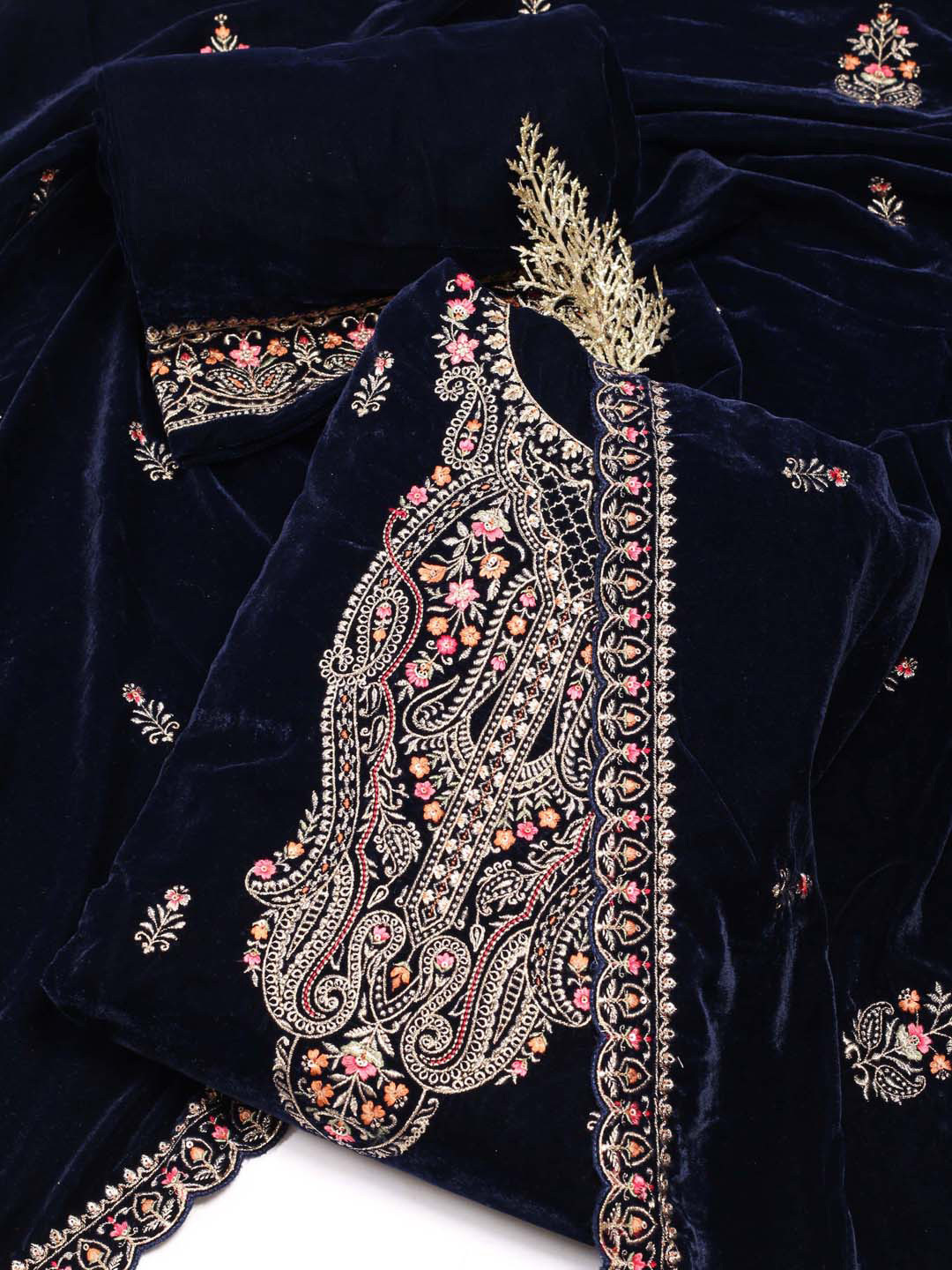

Meena Bazaar Ethnic Motifs Embroidered Sequinned Velvet Unstitched Dress Material, Navy blue