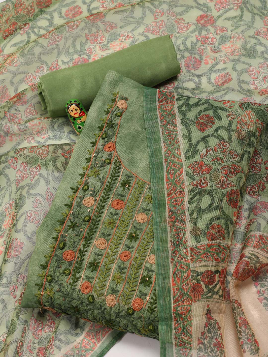 

Meena Bazaar Floral Embroidered Linen Unstitched Dress Material, Green