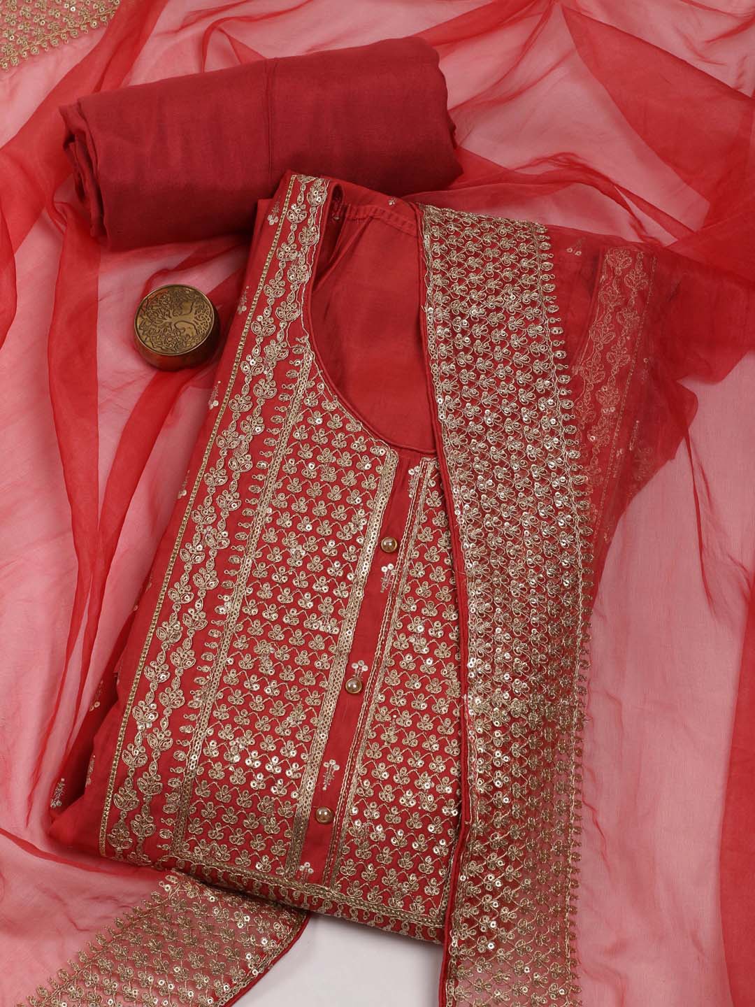 

Meena Bazaar Ethnic Motifs Embroidered Art Silk Unstitched Dress Material, Red