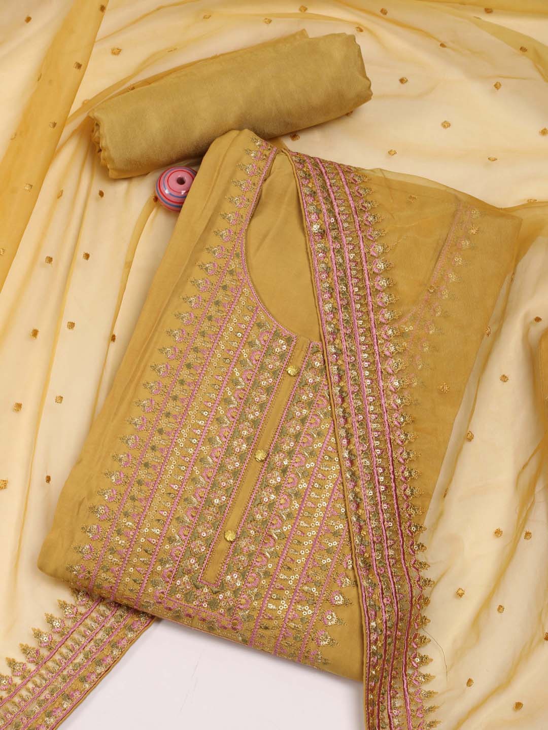 

Meena Bazaar Ethnic Motifs Embroidered Sequinned Art Silk Unstitched Dress Material, Mustard