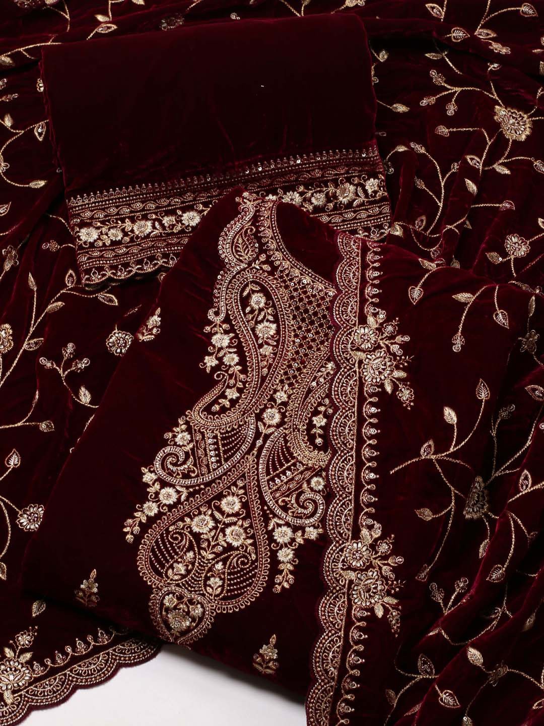 

Meena Bazaar Embroidered Velvet Unstitched Dress Material, Burgundy