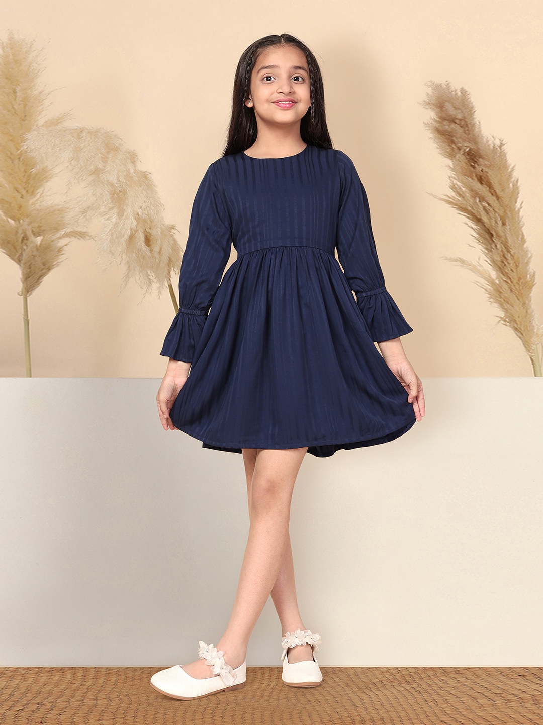 

FASHION DREAM Girls Striped Bell Sleeves Fit & Flare Dress, Navy blue