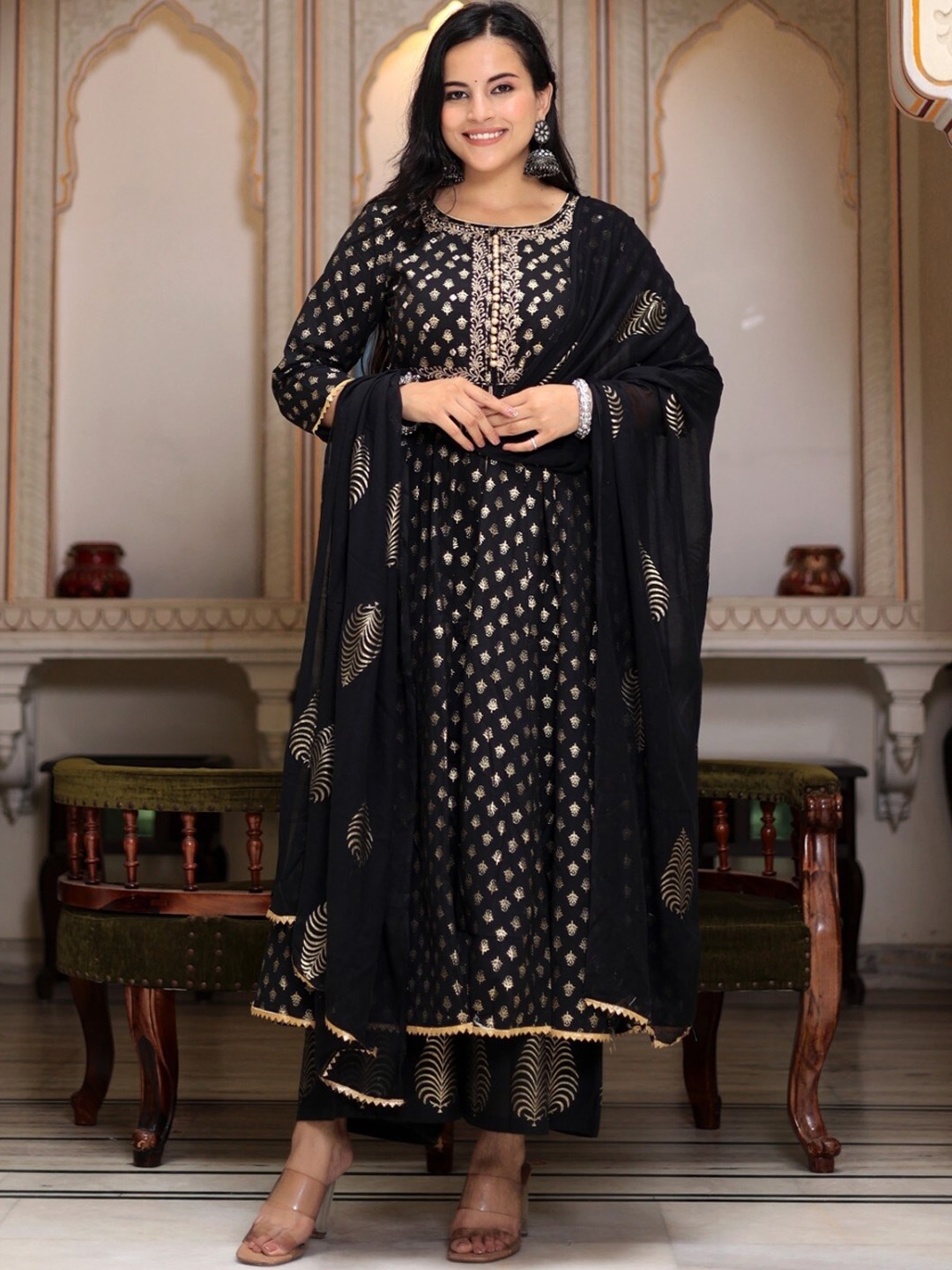 

Sangria Ethnic Motifs Printed Anarkali Pure Cotton Kurta Set, Black