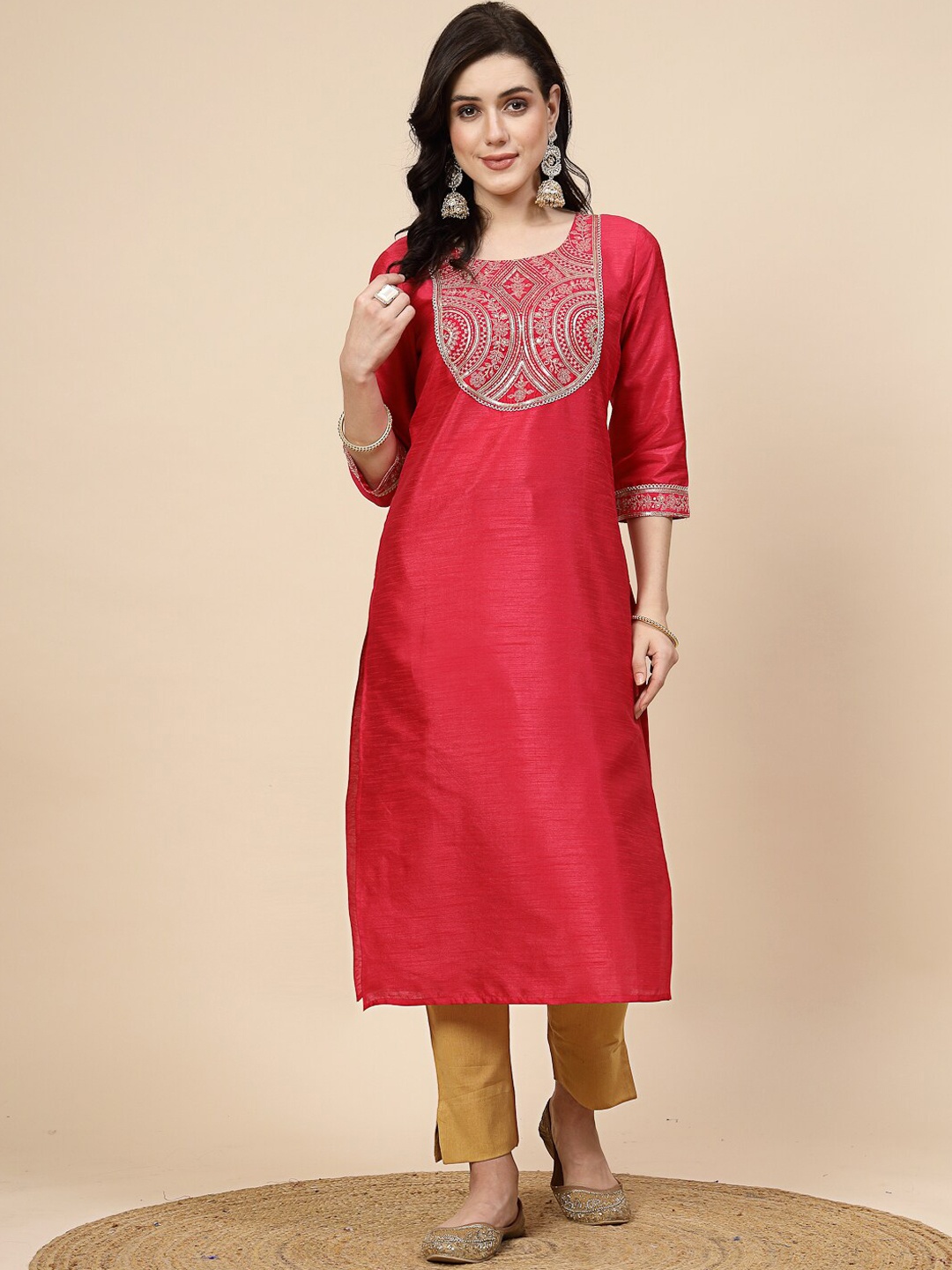 all about you Embellished Yoke Design Thread Work Straight Kurta, Pink
