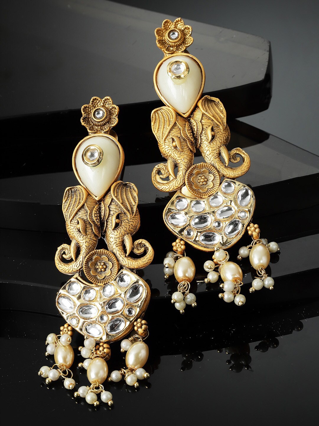 

PANASH Gold-Plated Stone Studded & Beaded Drop Earrings