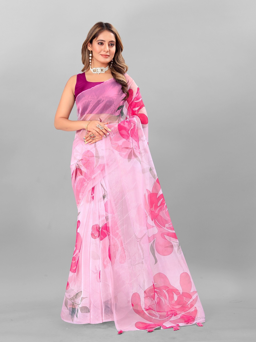 

Anouk Pink & Fuchsia Floral Printed Organza Tussar Saree