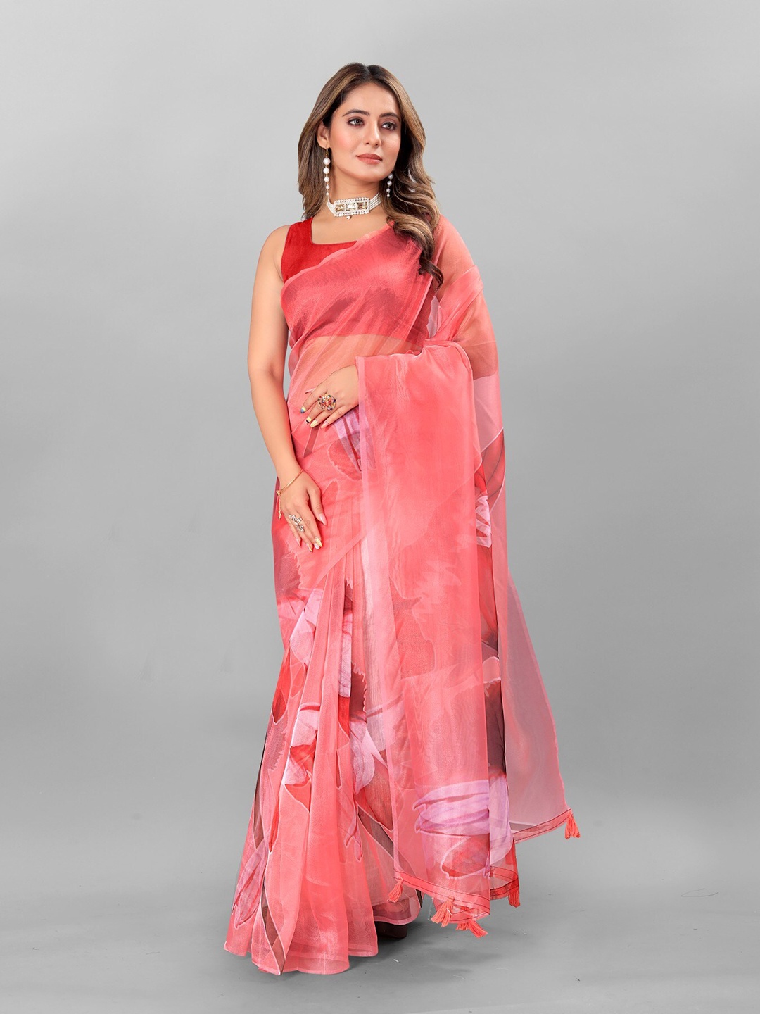 

Anouk Red & White Floral Printed Organza Tussar Saree