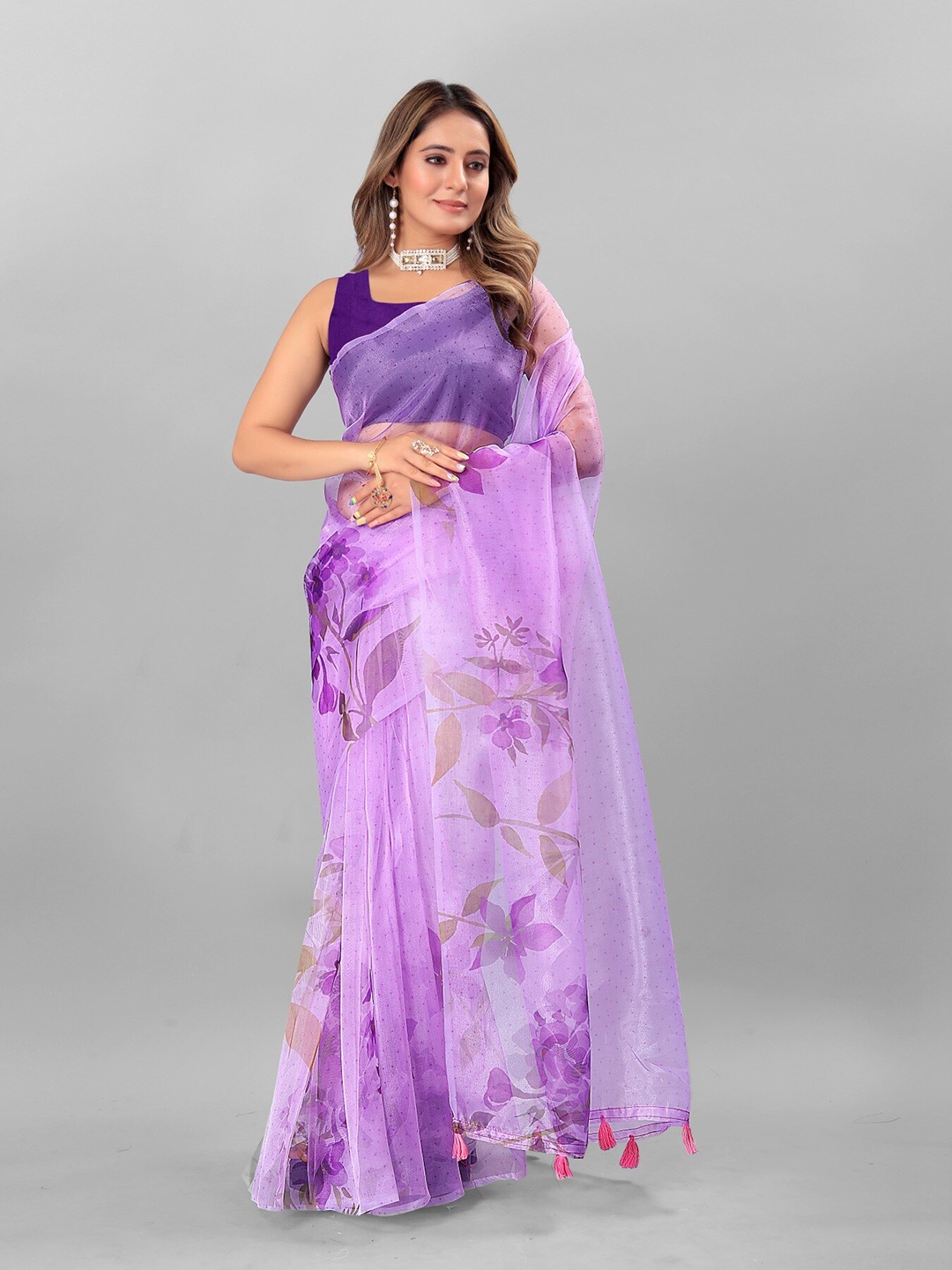 

Anouk Purple & Lavender Floral Printed Organza Tussar Saree