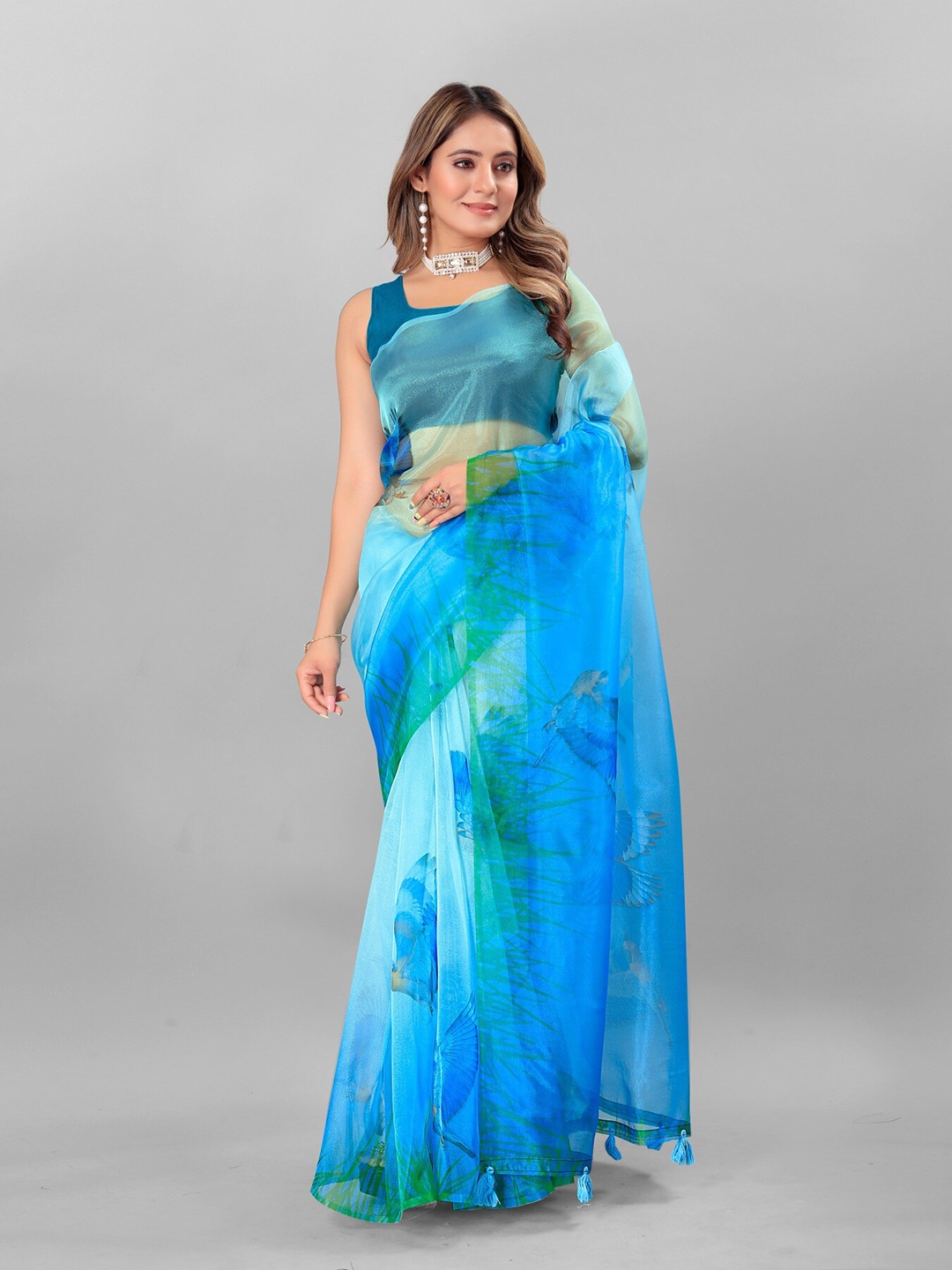 

Anouk Blue & Green Ethnic Motifs Organza Tussar Saree