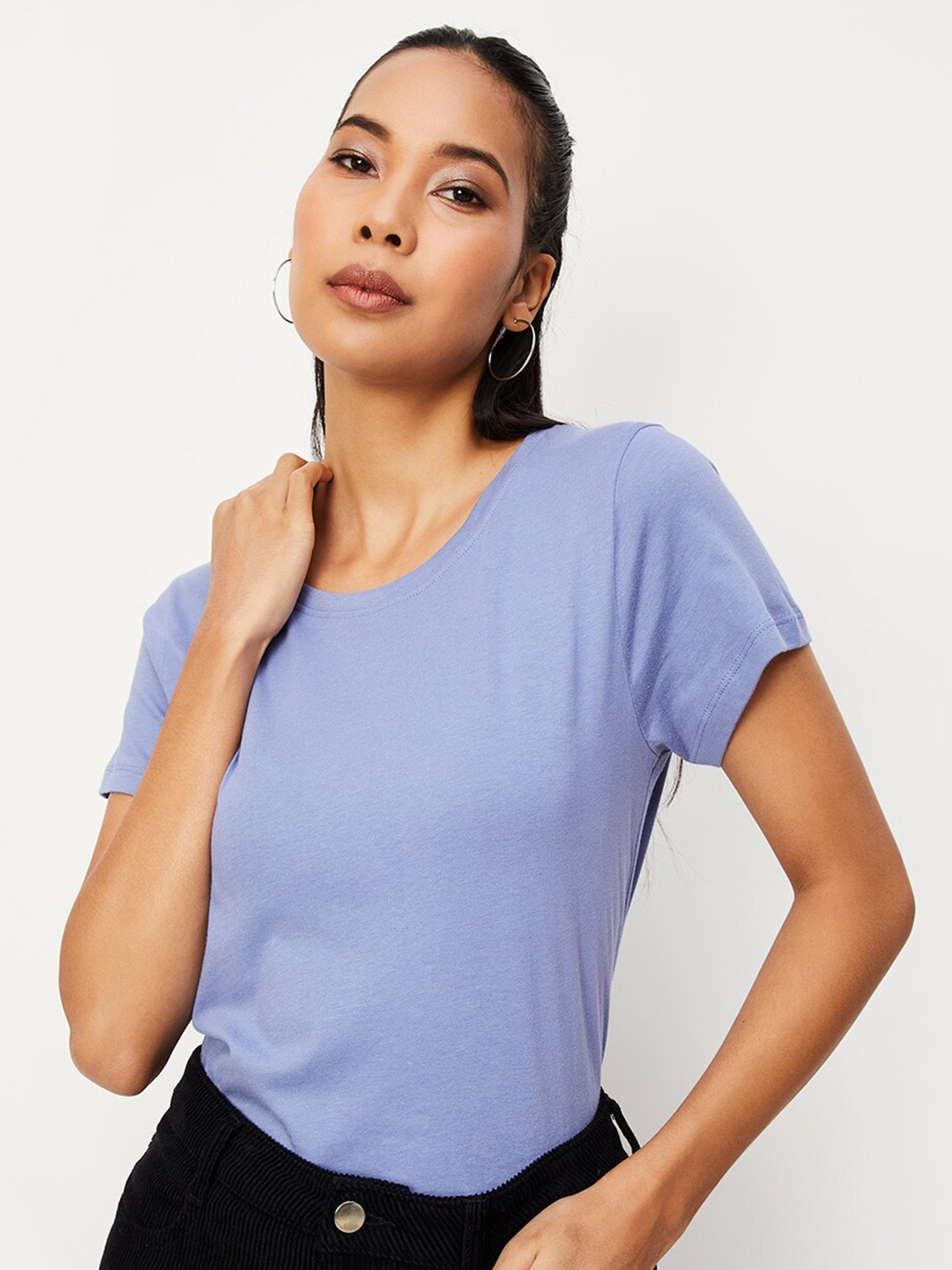 

max Round Neck Pure Cotton T-shirt, Blue