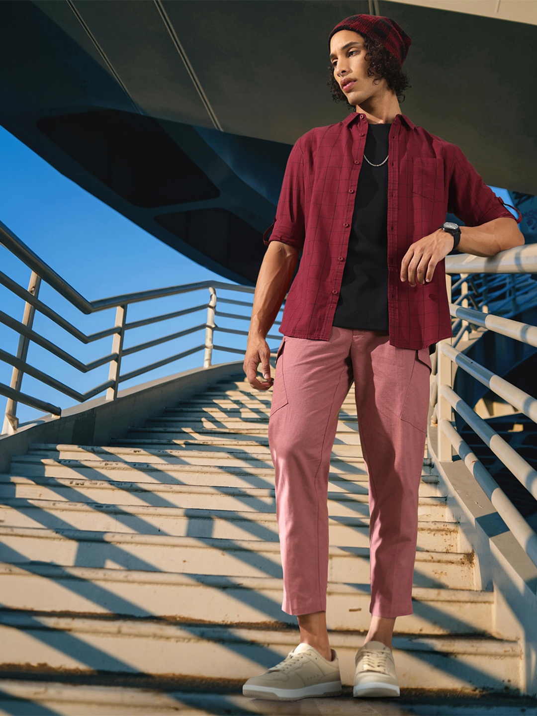 

HERE&NOW Pure Cotton Windowpane Checked Casual Shirt, Maroon