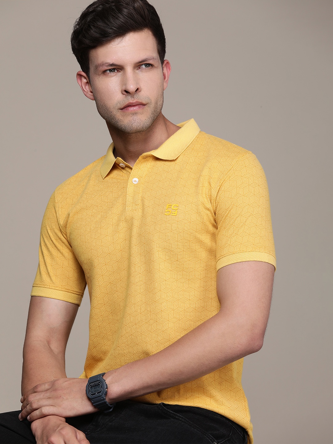 

French Connection Men Geometric Print Polo Collar Pure Cotton T-shirt, Yellow