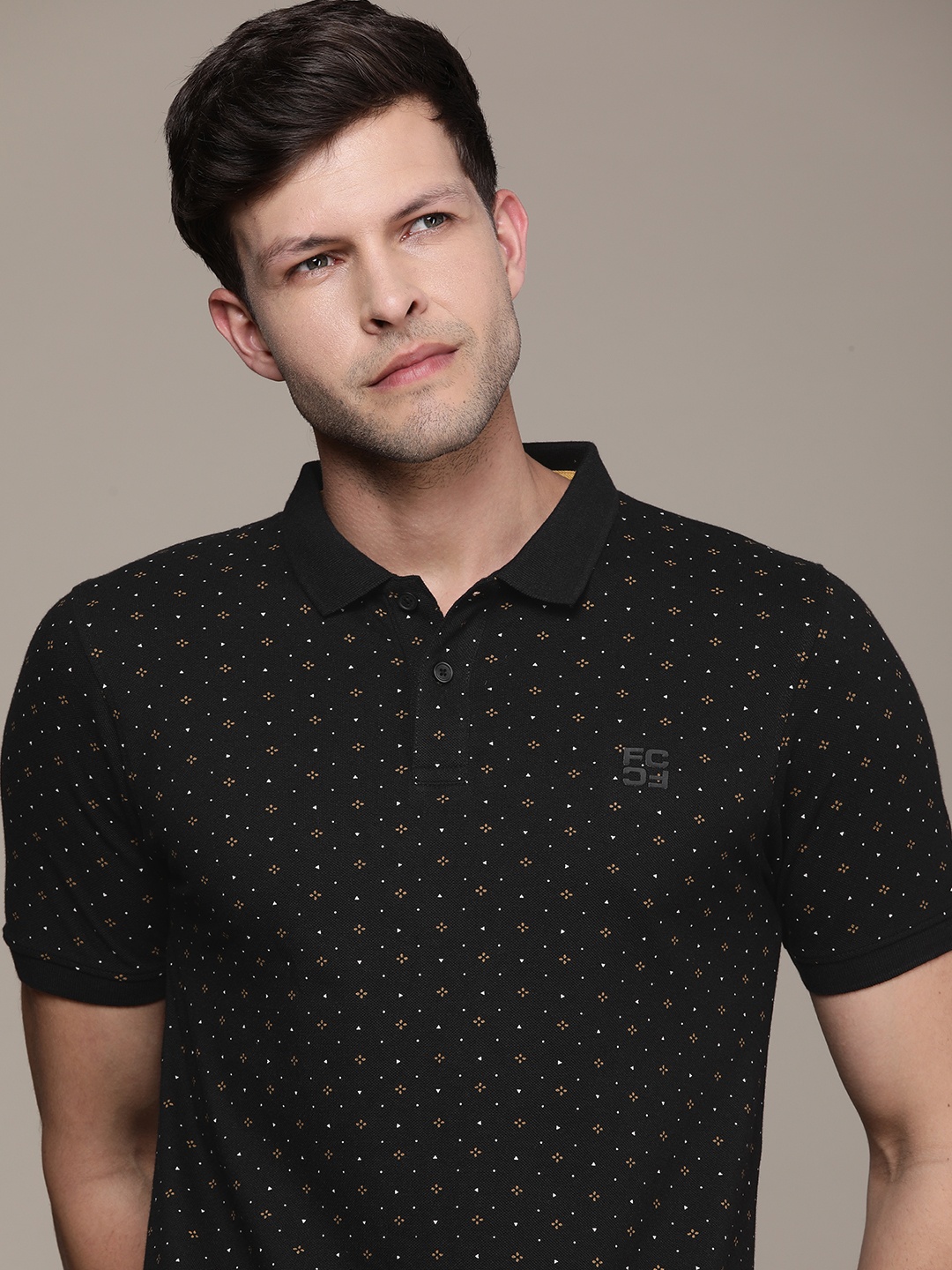 

French Connection Men Printed Polo Collar Pure Cotton T-shirt, Black