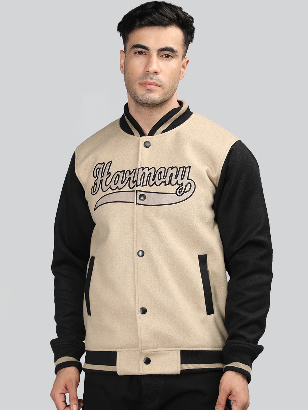 

CHKOKKO Colourblocked Woollen Lightweight Varsity Jacket With Embroidered, Beige