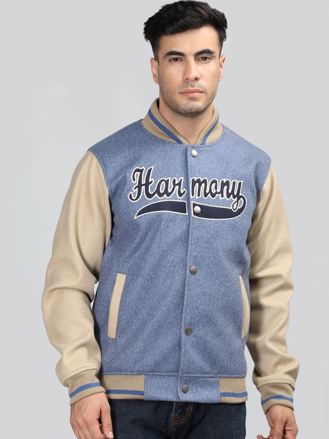 

CHKOKKO Typography Printed Lightweight Woollen Bomber Jacket, Blue