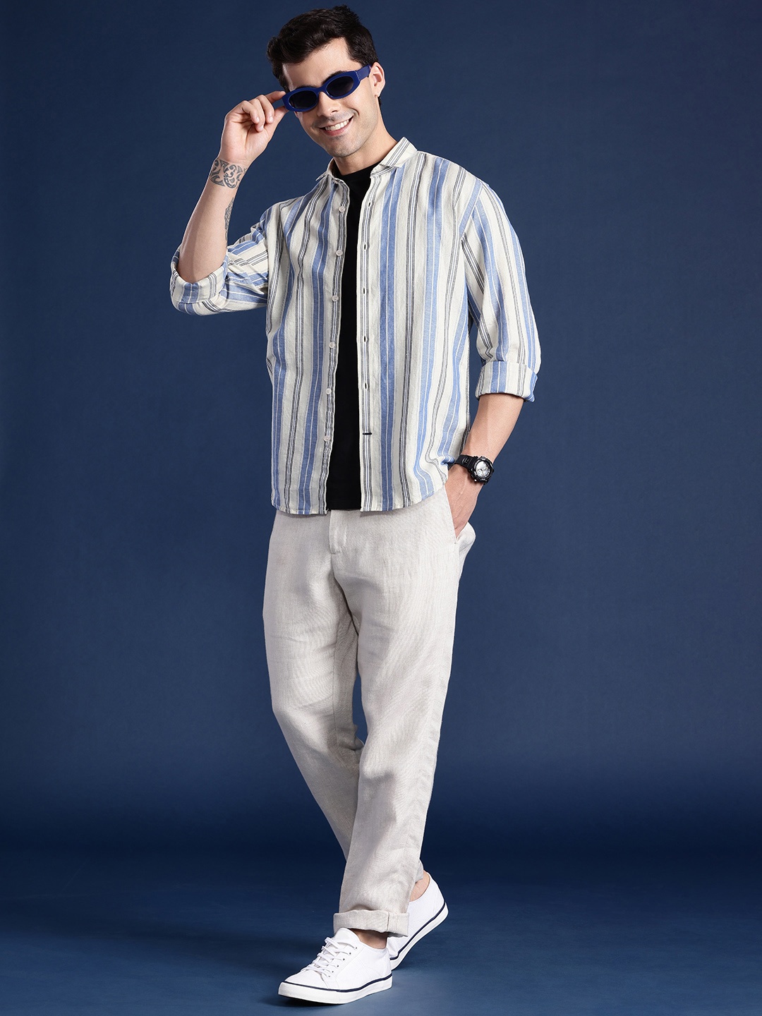 

Mast & Harbour Striped Cotton Linen Casual Shirt, Beige