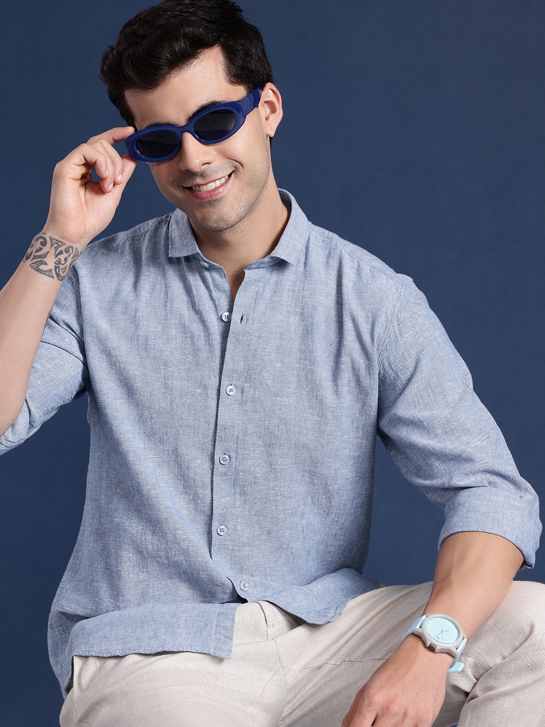 

Mast & Harbour Solid Cotton Linen Casual Shirt, Blue