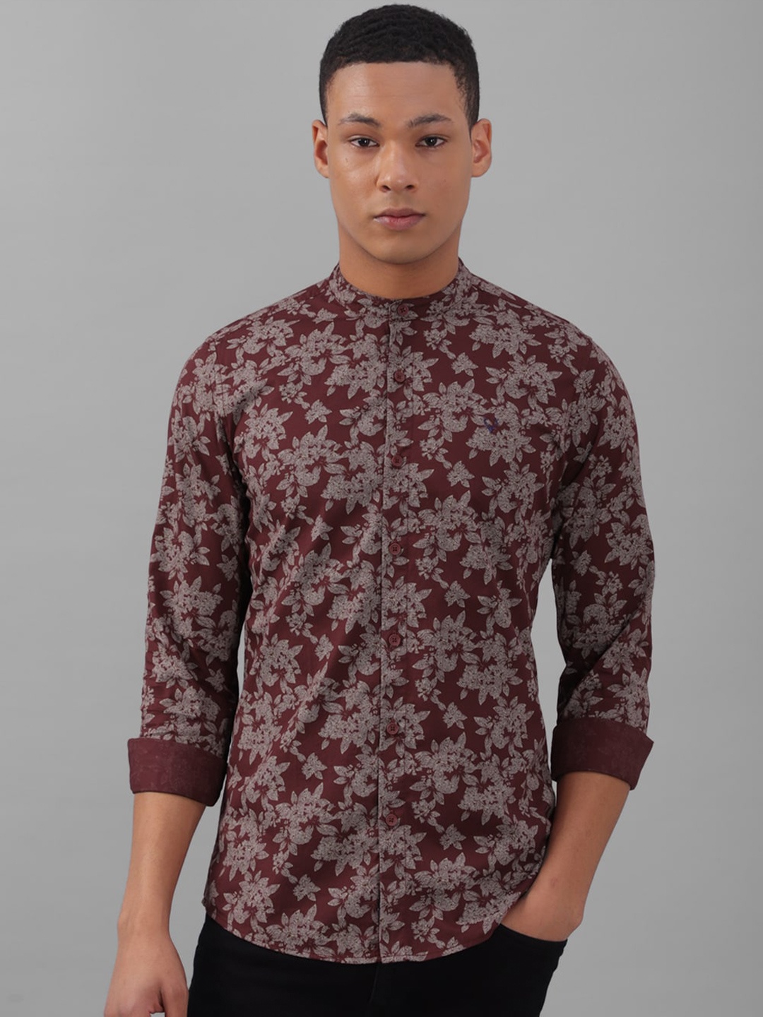 

Allen Solly Floral Printed Mandarin Collar Pure Cotton Shirt, Maroon