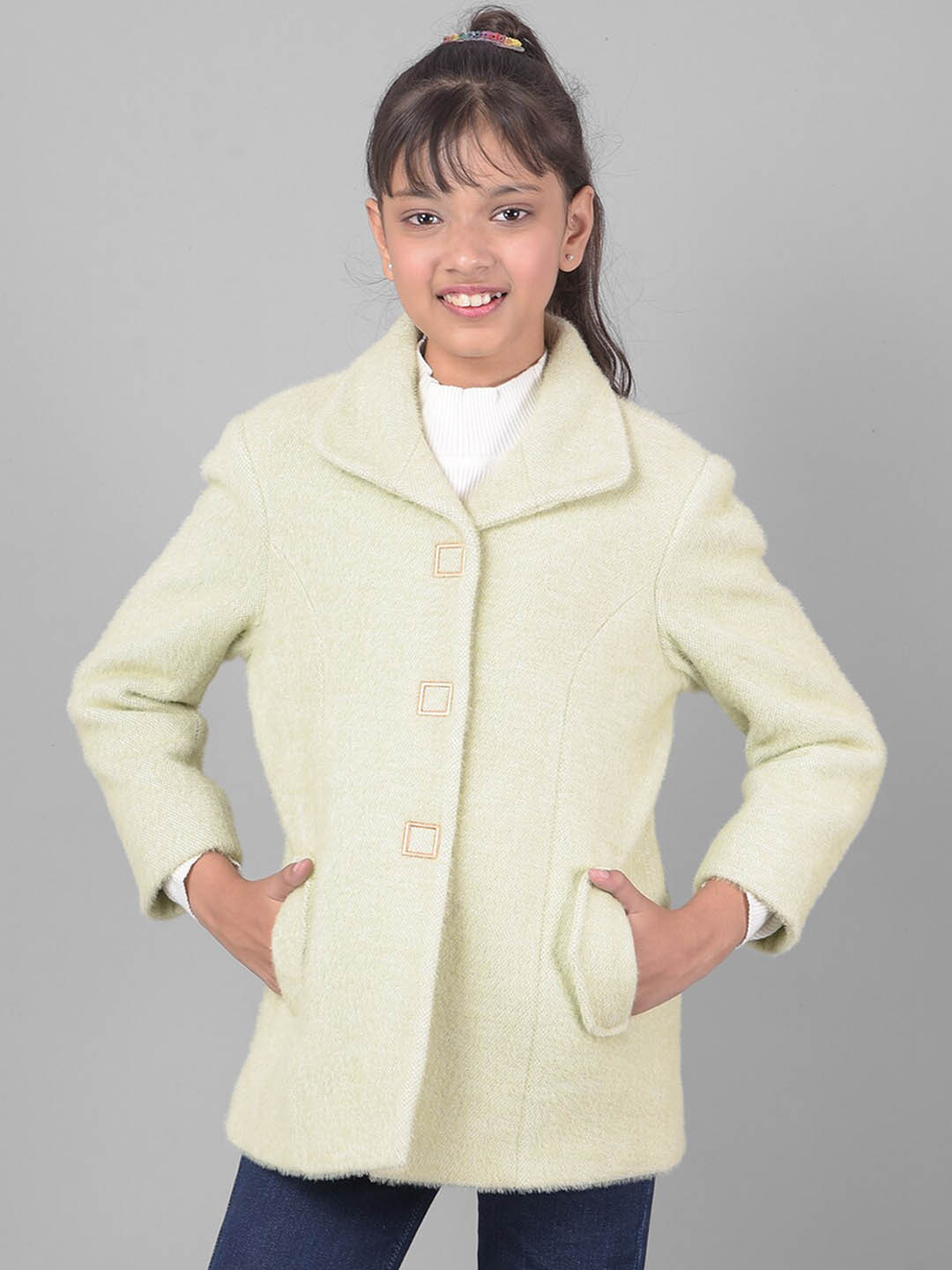 

Crimsoune Club Girls Textured Spread Collar Single-Breasted Overcoat, Olive