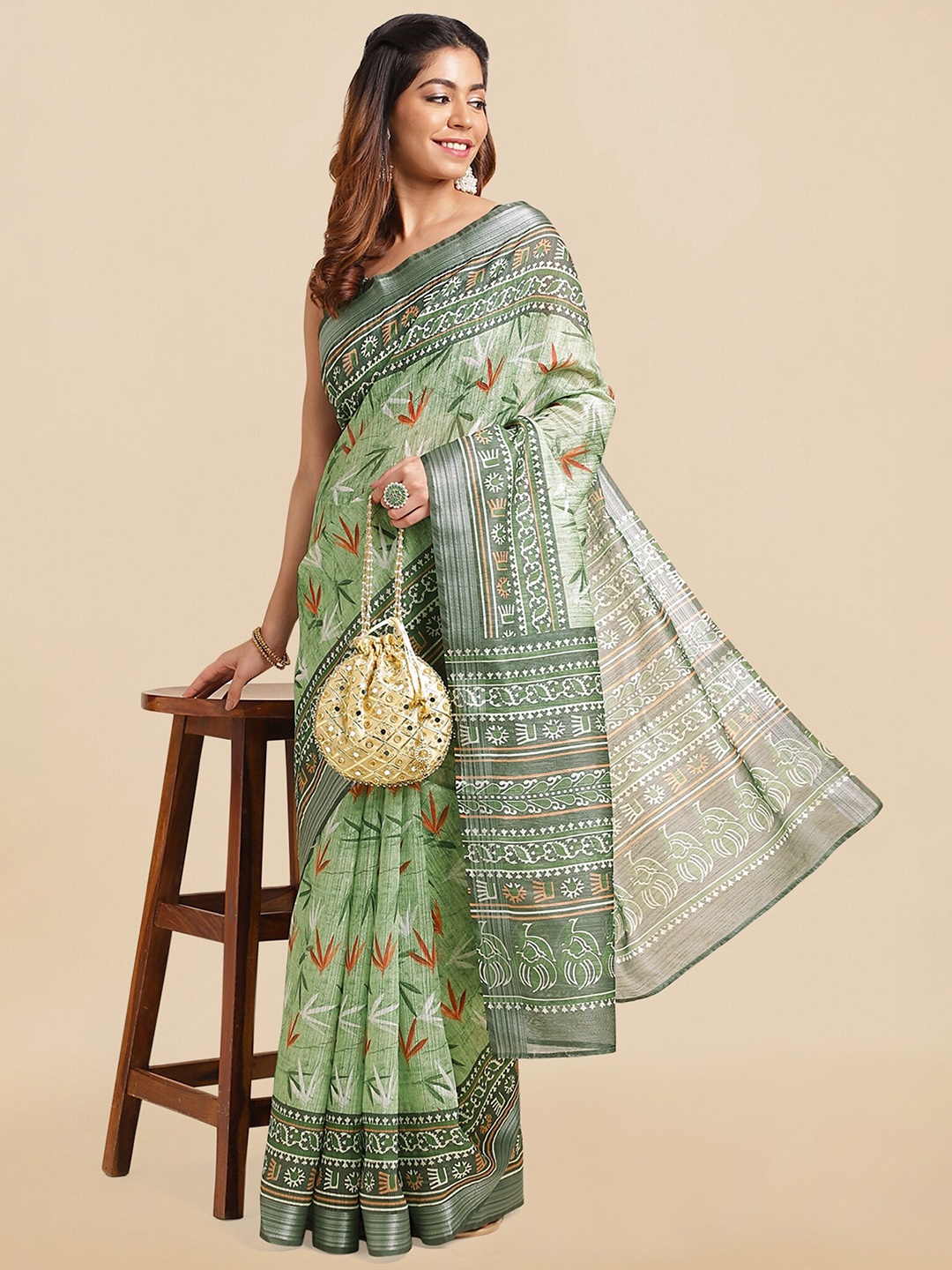 

MIRCHI FASHION Green & Orange Floral Printed Zari Saree