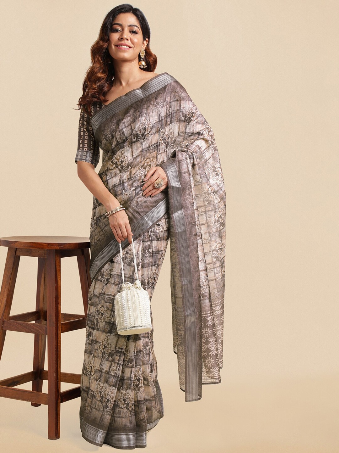 

MIRCHI FASHION Brown Ethnic Motifs Block Printed Zari Saree