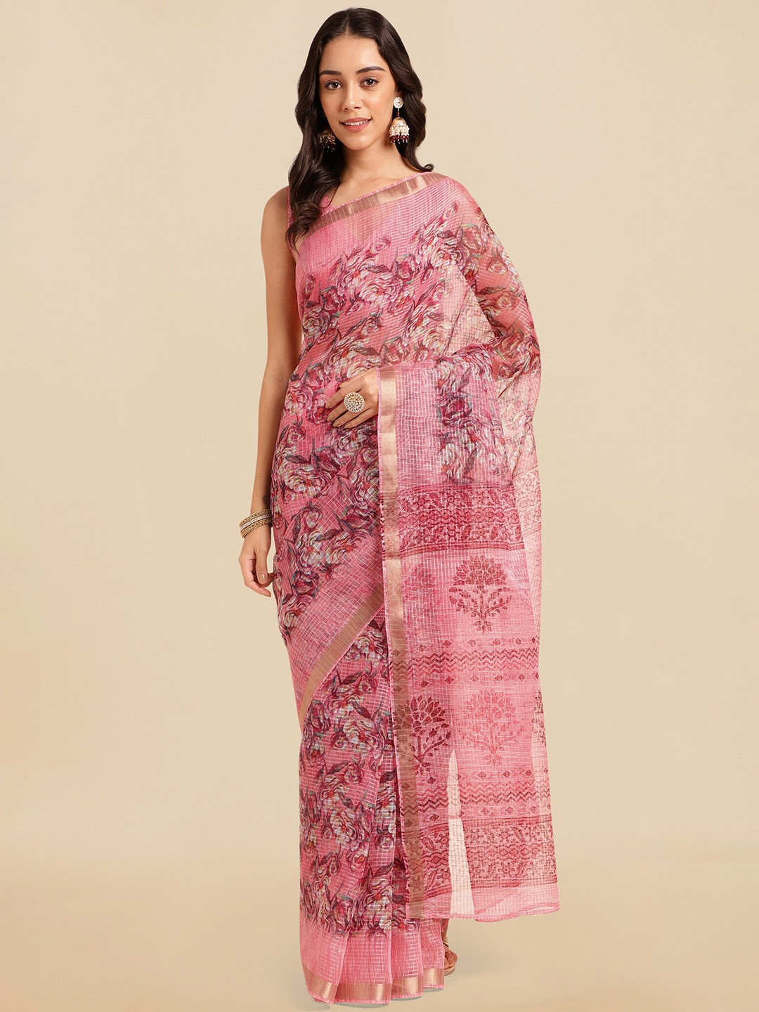 

MIRCHI FASHION Floral Zari Block Print Saree, Pink