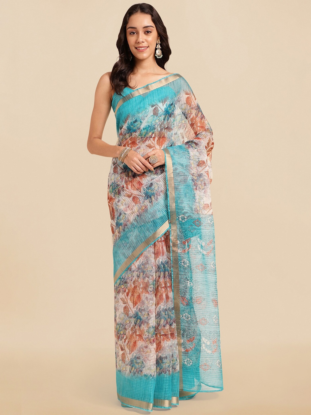 

MIRCHI FASHION Floral Printed Zari Saree, Off white