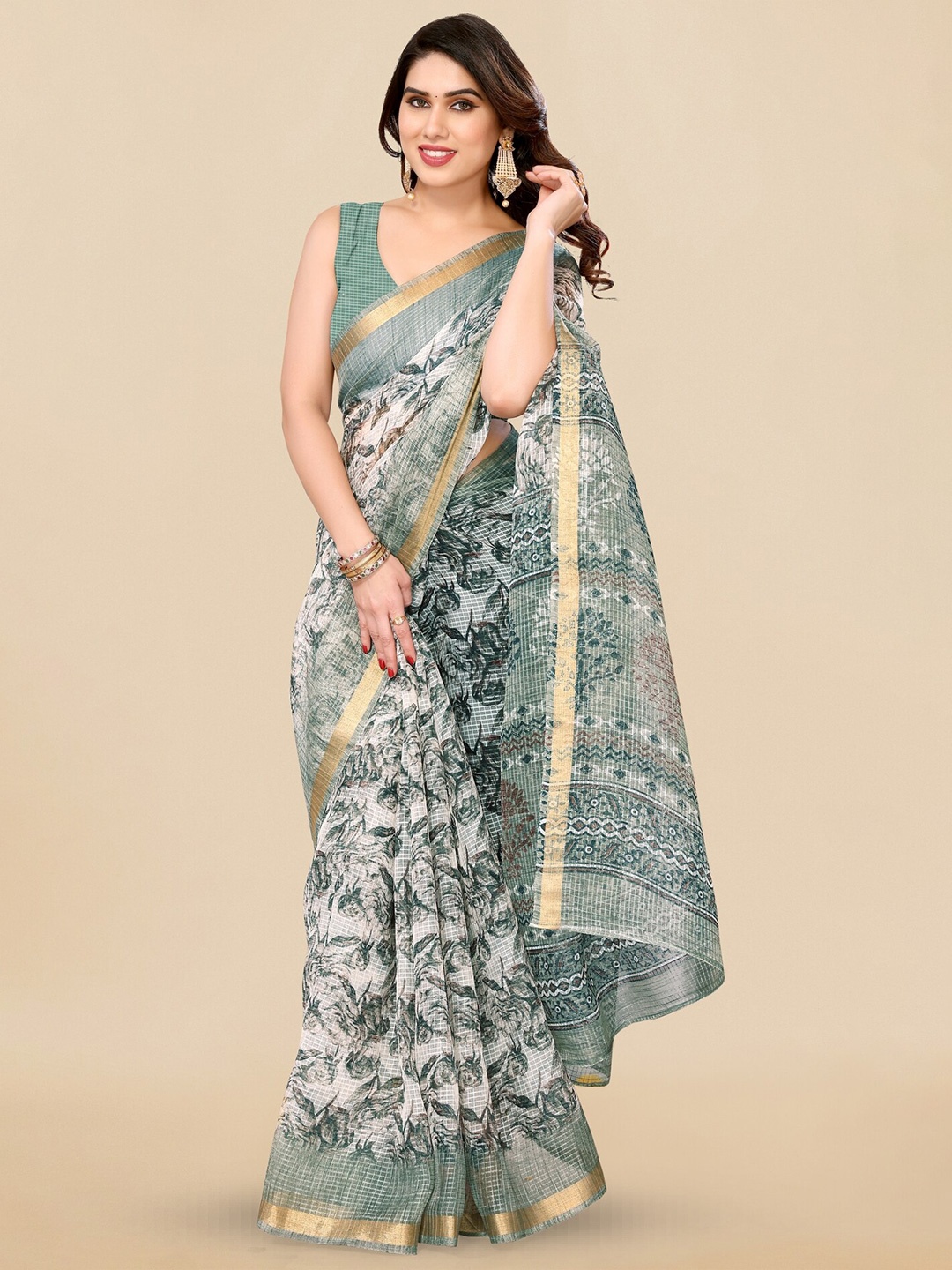 

MIRCHI FASHION Floral Printed Zari Block Print Saree, Off white