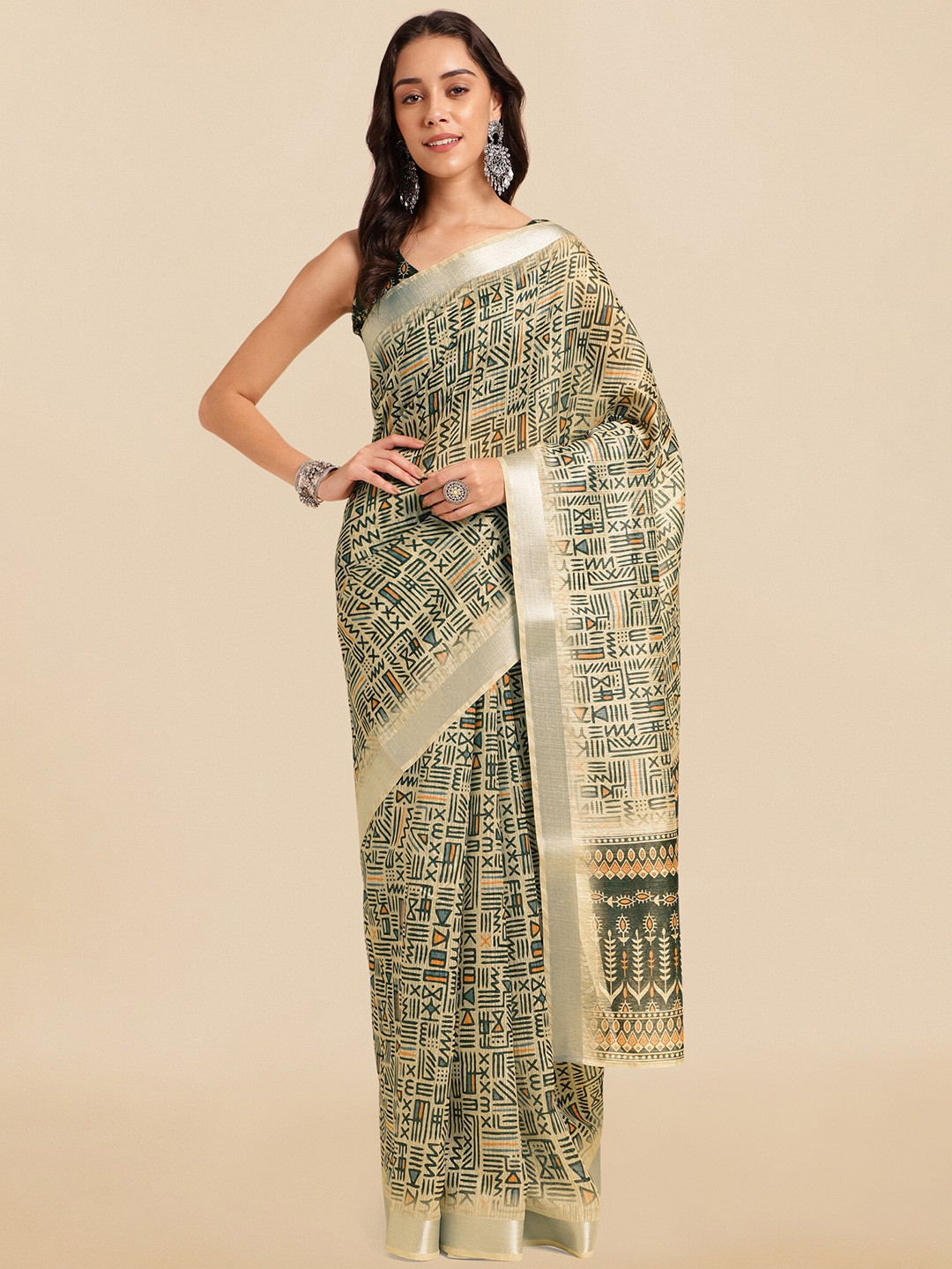 

MIRCHI FASHION Abstract Printed Zari Saree, Beige