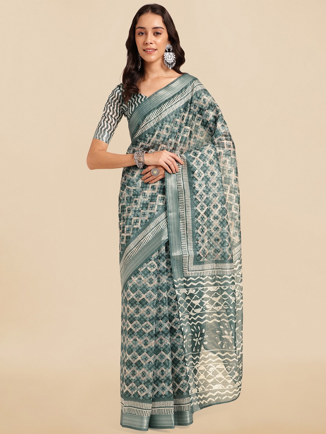 

MIRCHI FASHION Ethnic Motifs Printed Zari Block Print Saree, Grey