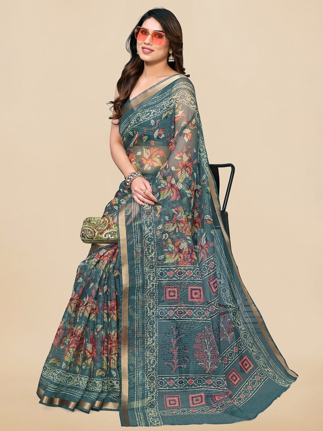 

MIRCHI FASHION Floral Printed Zari Saree, Teal