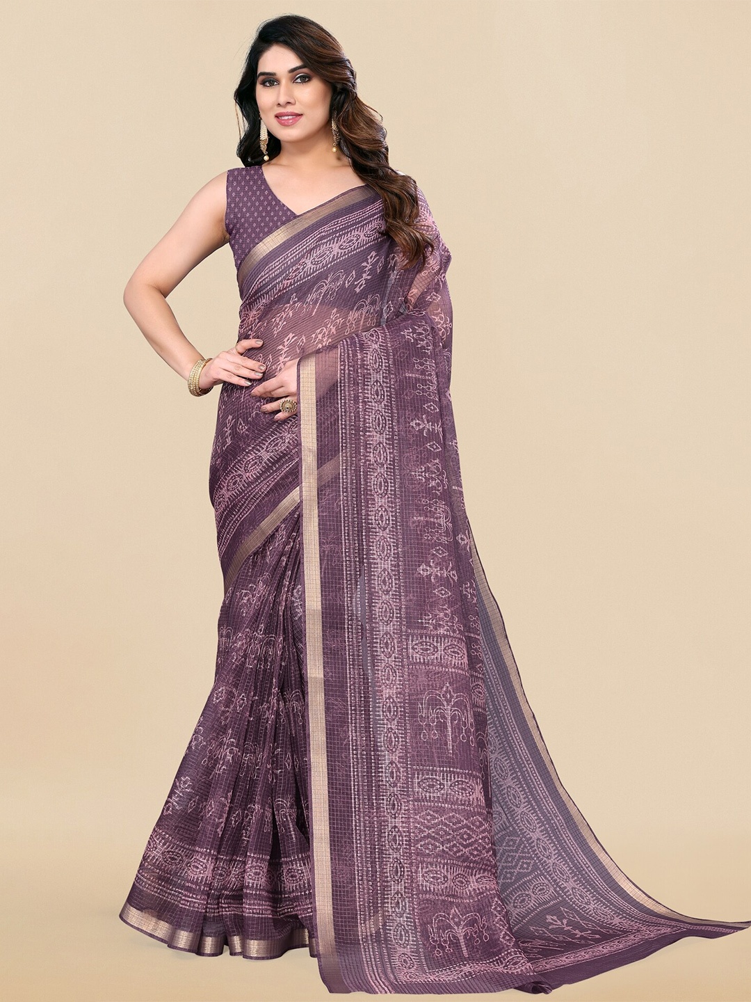 

MIRCHI FASHION Ethnic Motifs Printed Zari Block Print Saree, Purple