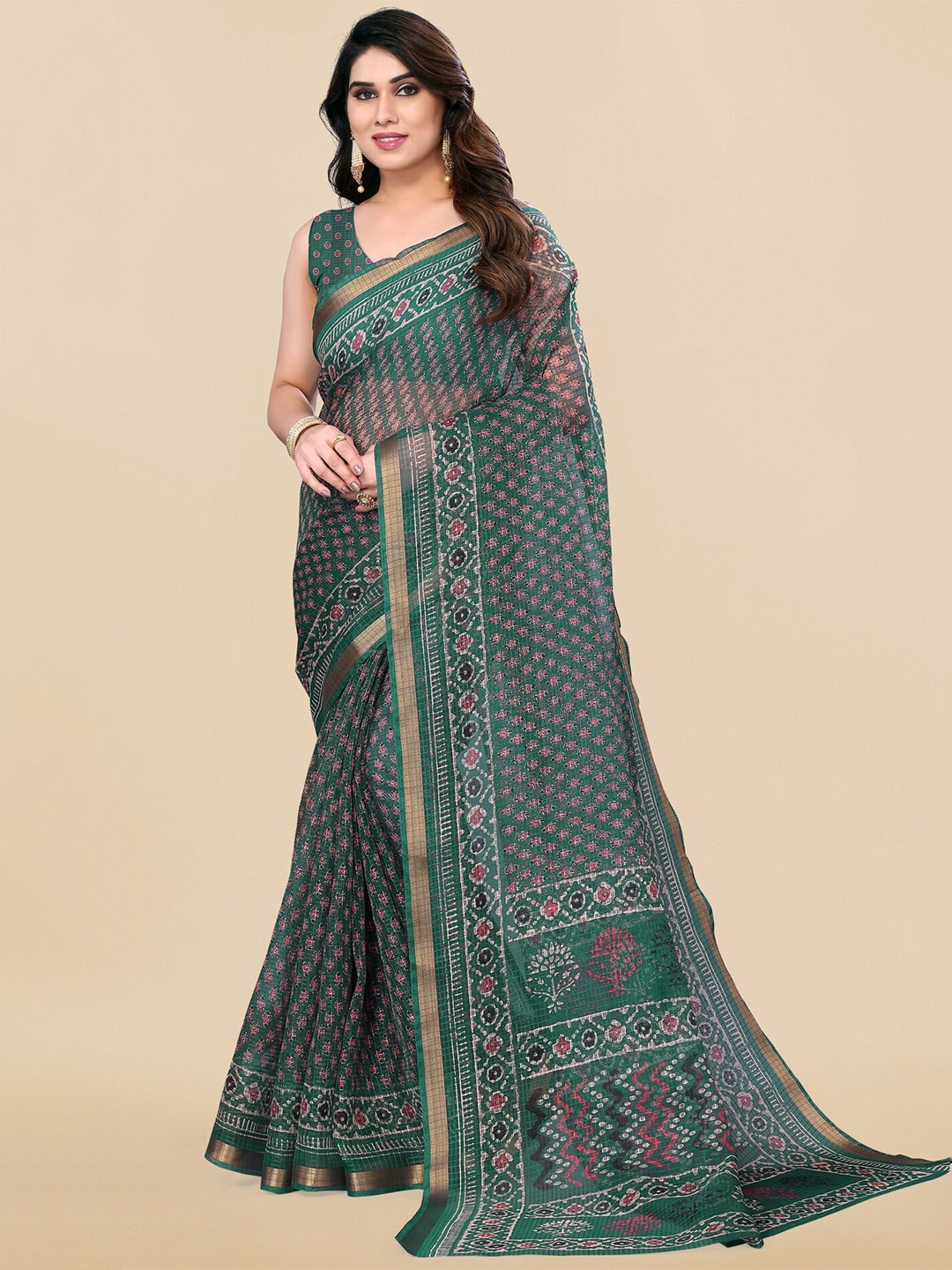 

MIRCHI FASHION Green & Brown Floral Printed Zari Saree