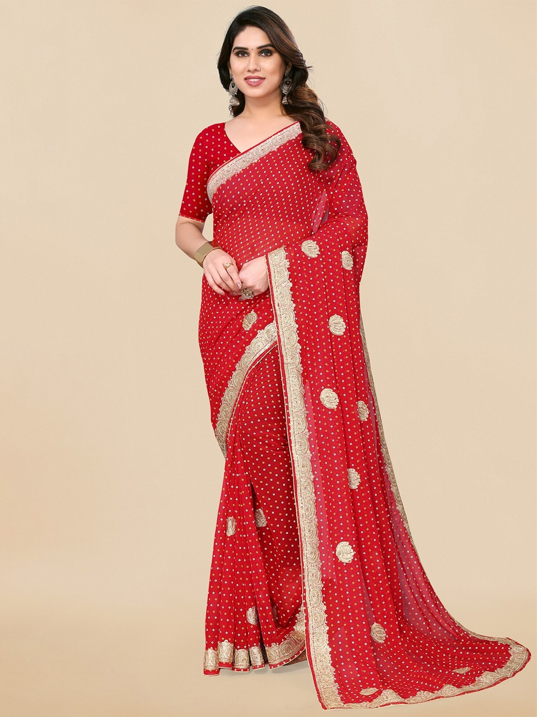 

MIRCHI FASHION Bandhani Printed Saree, Red