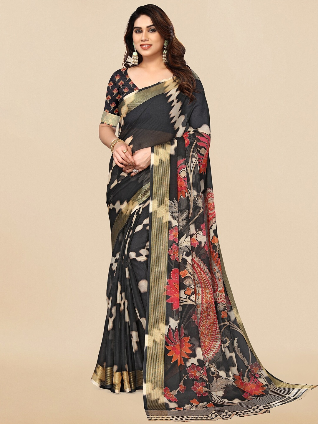 

MIRCHI FASHION Black & Red Floral Printed Zari Saree