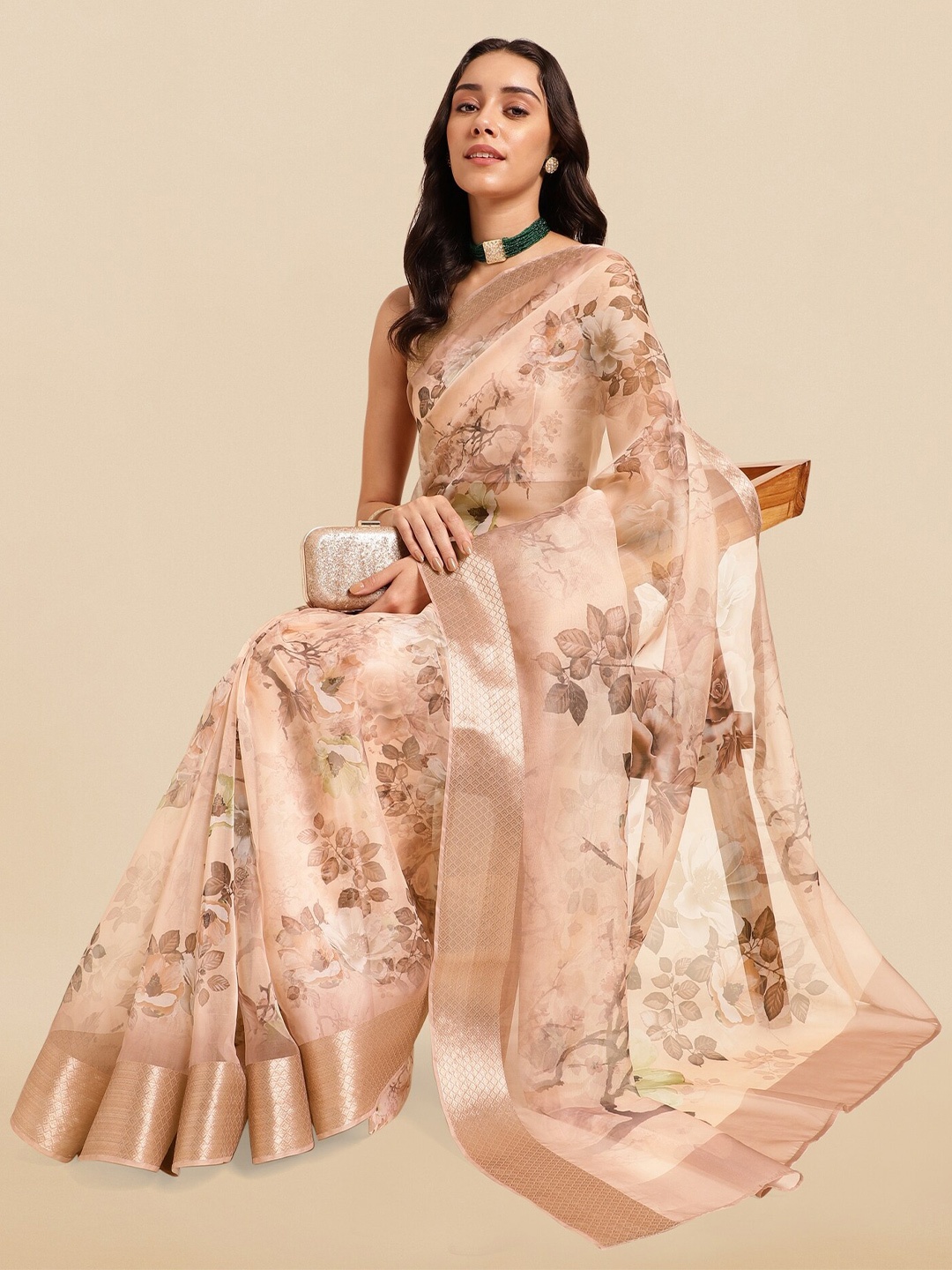 

MIRCHI FASHION Cream-Coloured Floral Printed Zari Organza Saree
