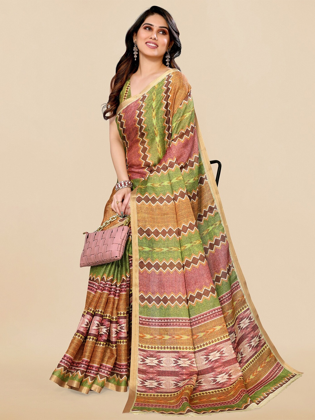 

MIRCHI FASHION Geometric Printed Zari Art Silk Saree, Green