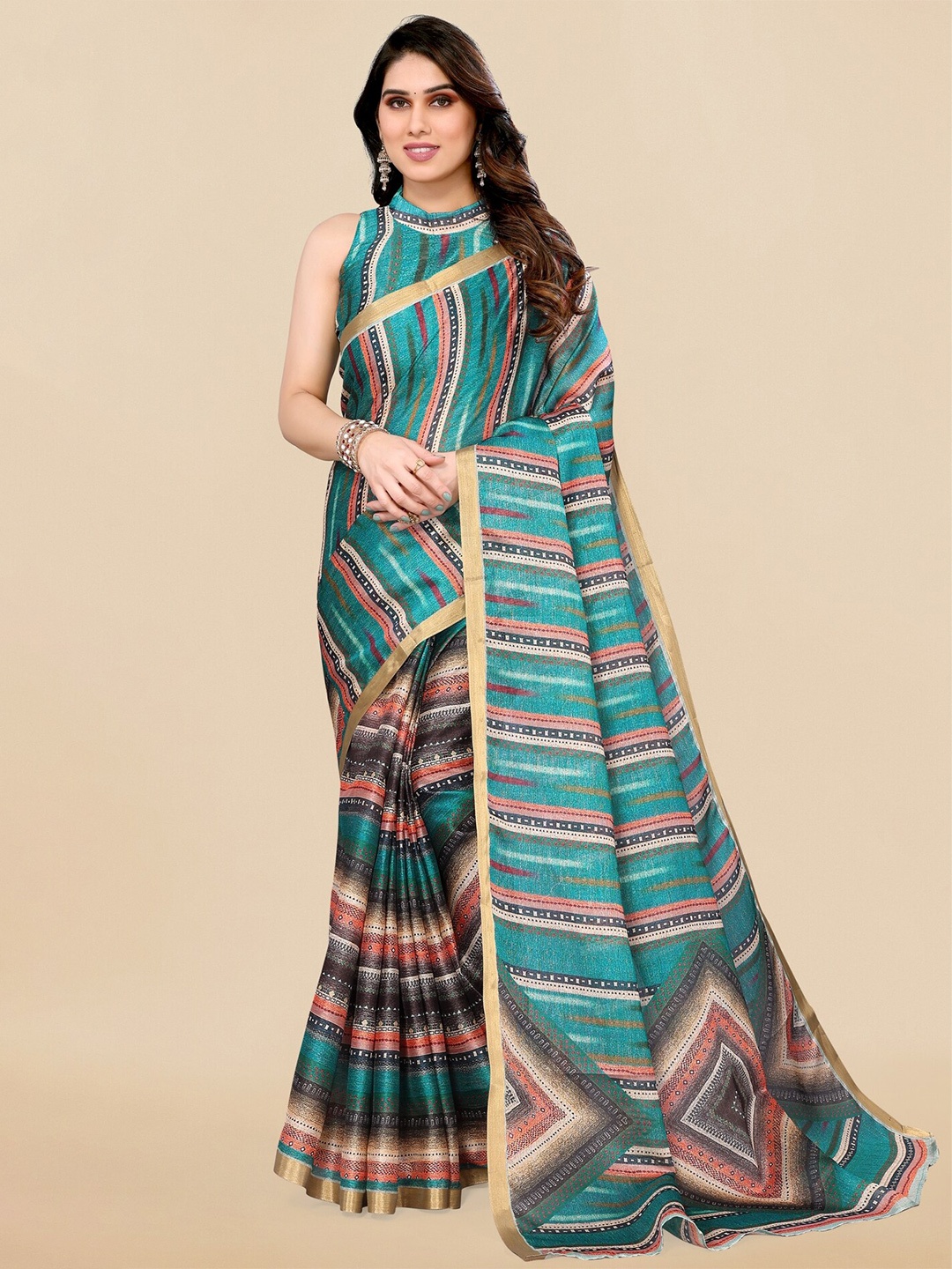 

MIRCHI FASHION Turquoise Blue & Red Geometric Printed Zari Saree
