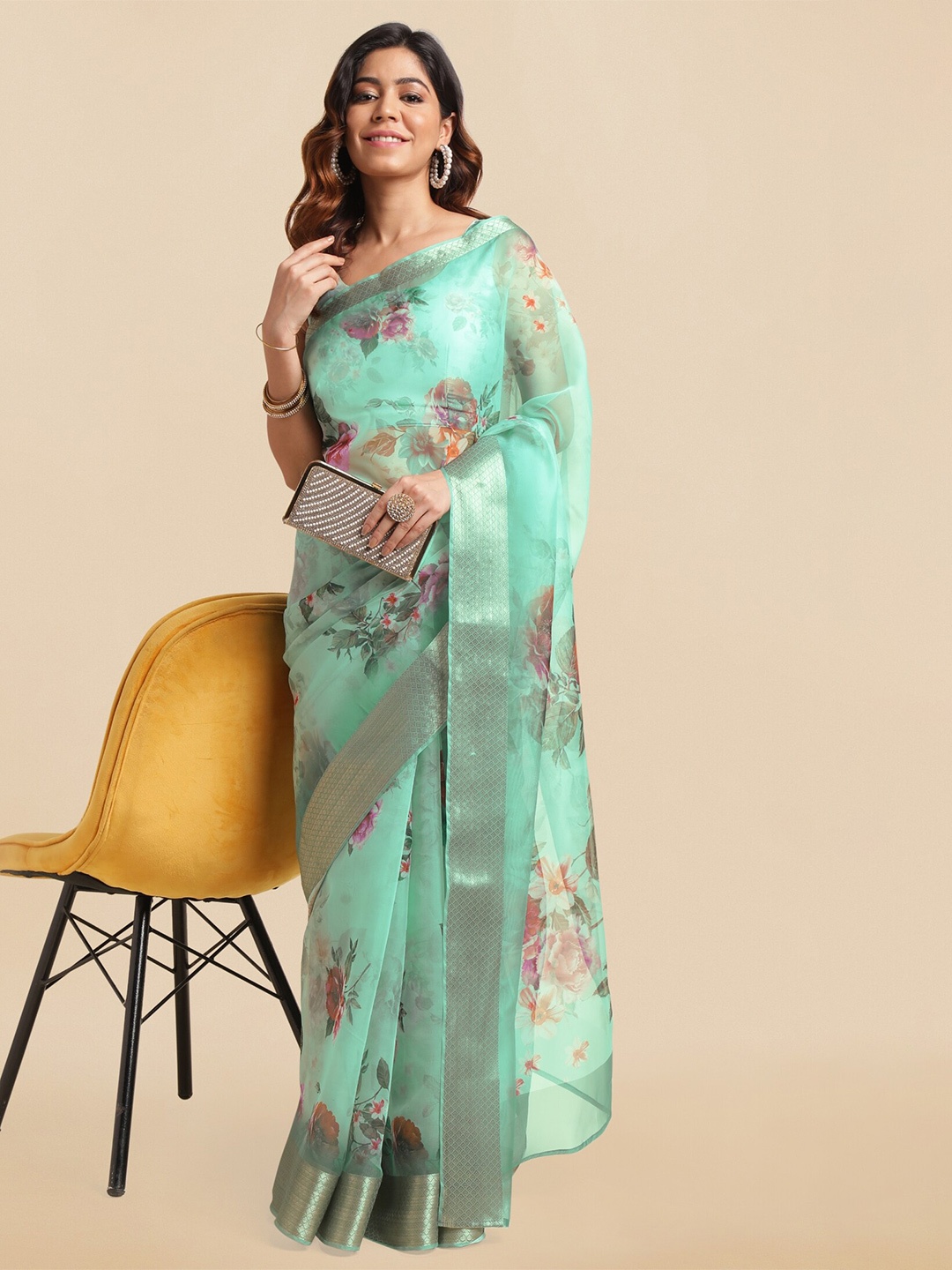 

MIRCHI FASHION Floral Printed Zari Organza Saree, Teal